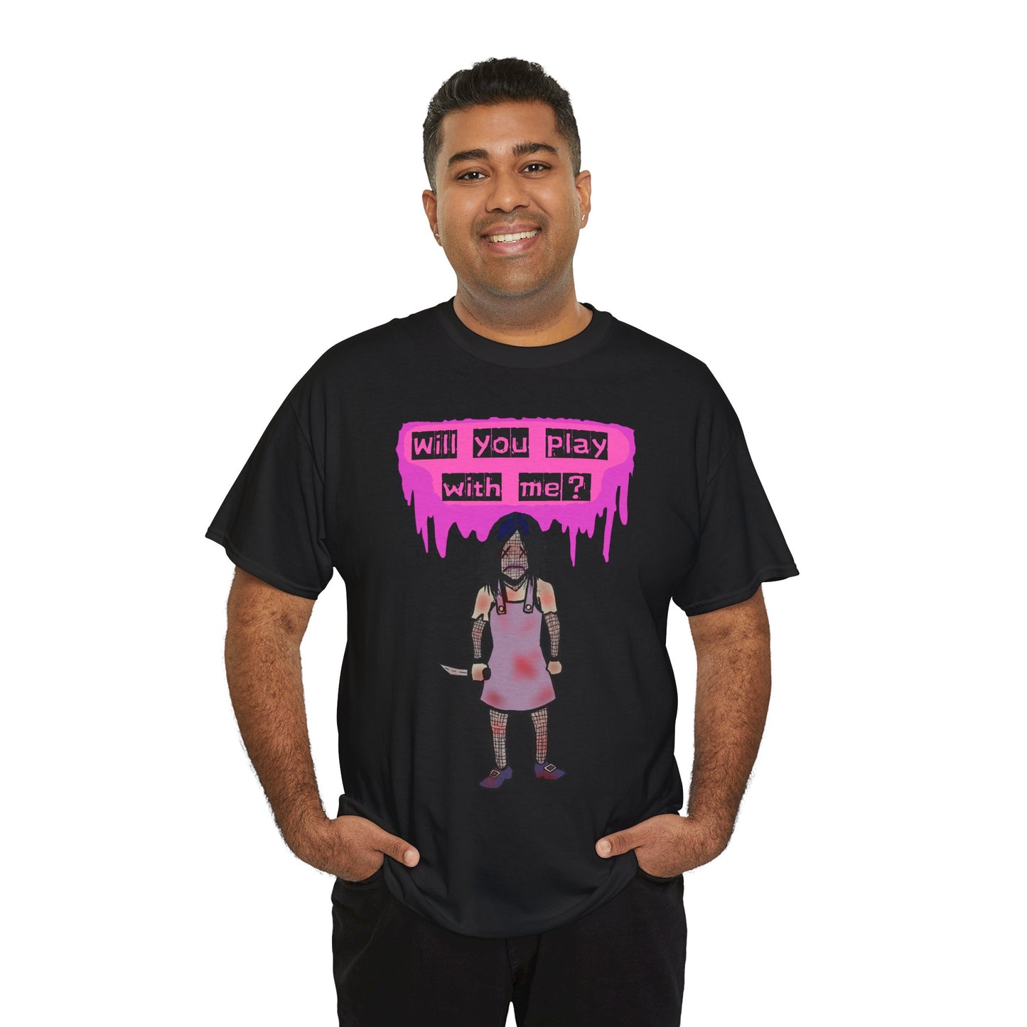Playful Evil Doll Horror Graphic Tee, Unisex Heavy Cotton Shirt, Casual Wear, Unique Gift, Halloween Costume, Quirky Fashion