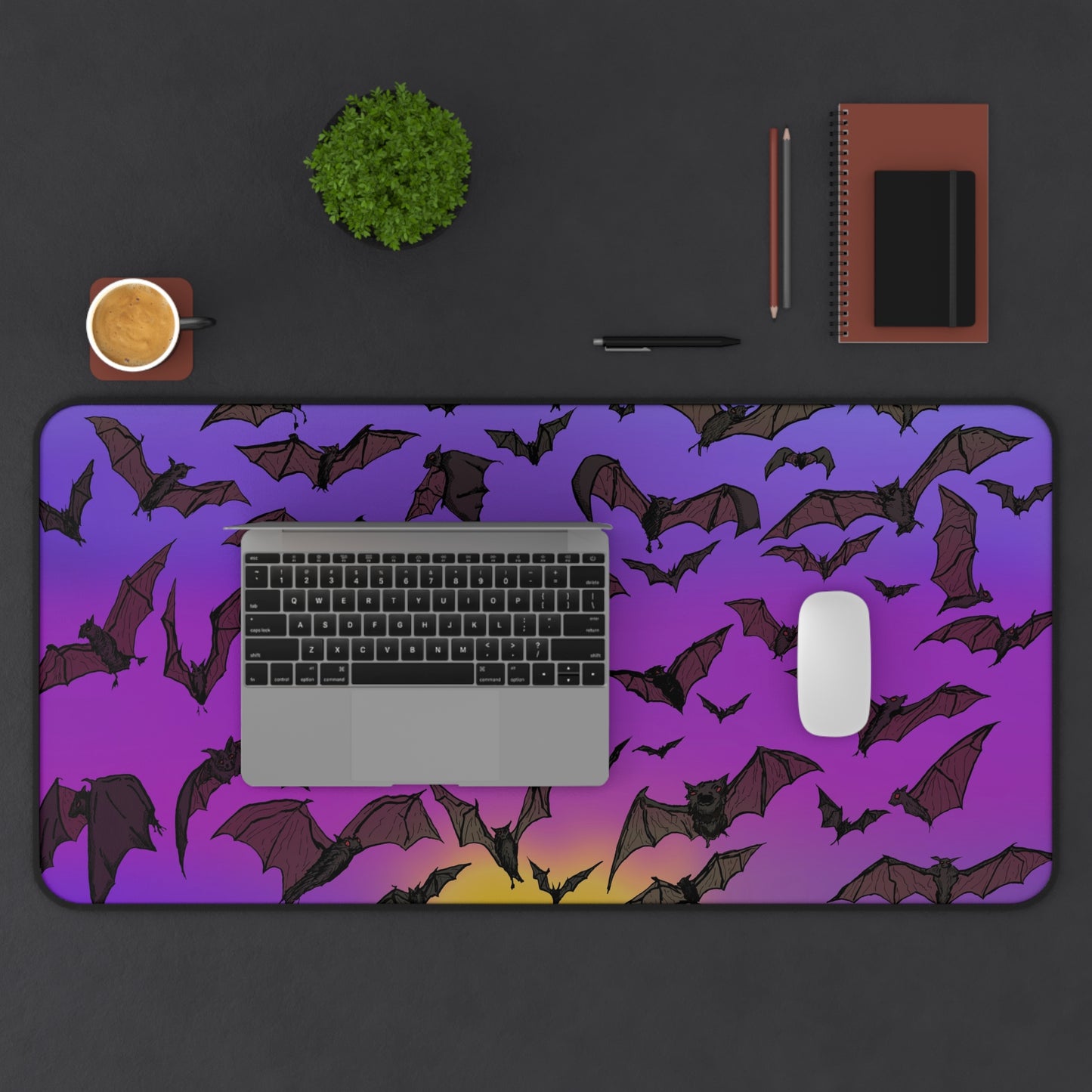 Spooky Bat Sunset Desk Mat - Halloween Decor, Office Accessories, Gamer Mouse Pad, Unique Desk Accessories, Cute Gift for Bat Lovers