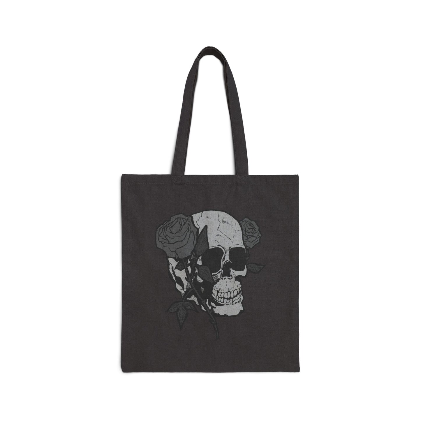 Skull with Roses Canvas Tote Bag — Gothic Floral Reusable Market Bag