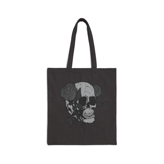 Skull with Roses Canvas Tote Bag — Gothic Floral Reusable Market Bag
