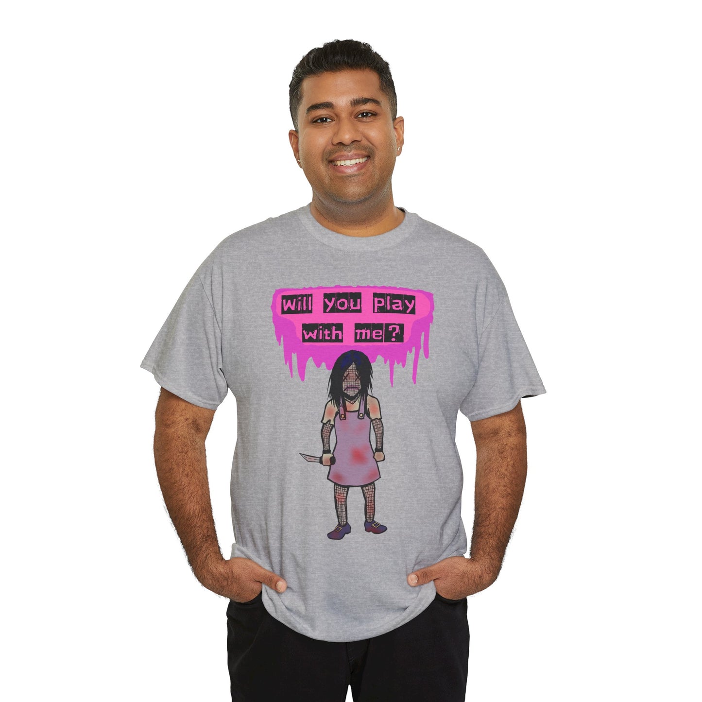Playful Evil Doll Horror Graphic Tee, Unisex Heavy Cotton Shirt, Casual Wear, Unique Gift, Halloween Costume, Quirky Fashion