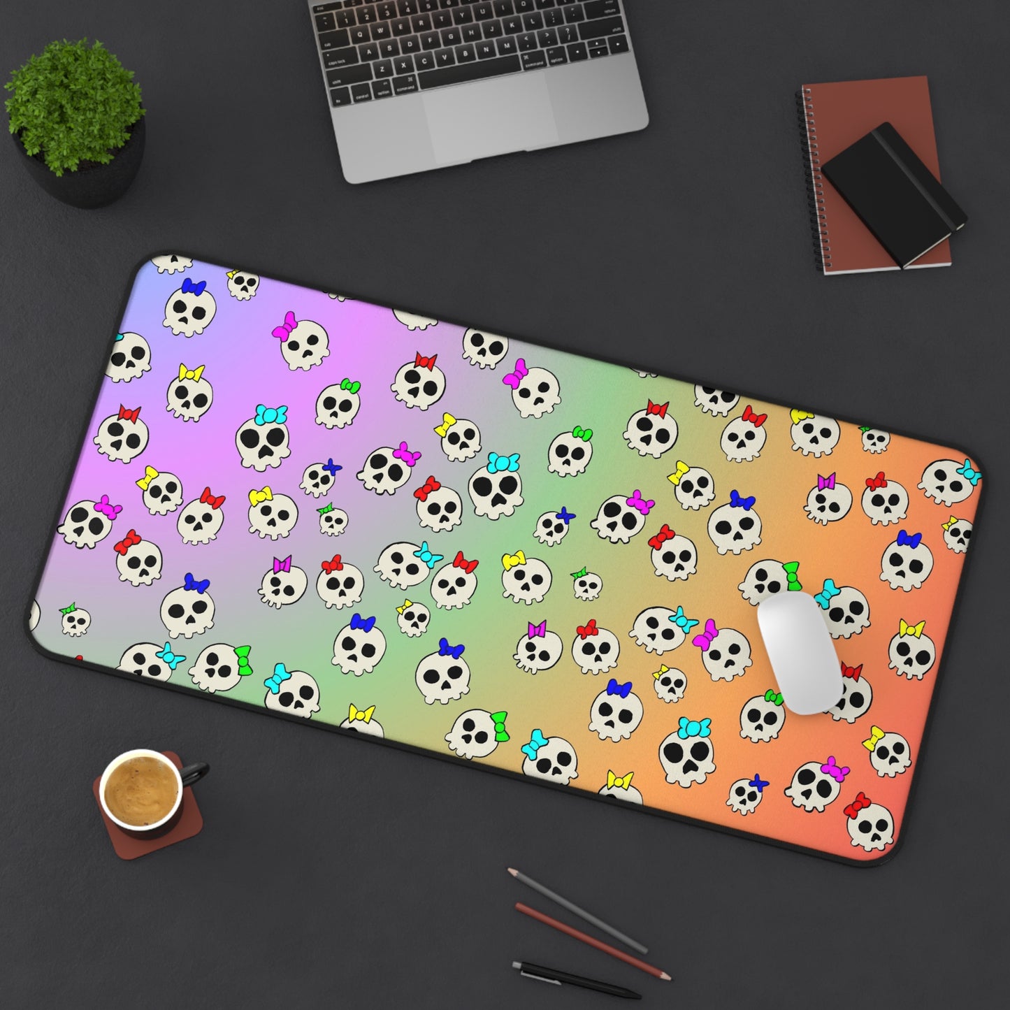 Delightfully Cute Skulls Pattern Rainbow Desk Mat — Cute Kawaii Gothic Mouse Pad