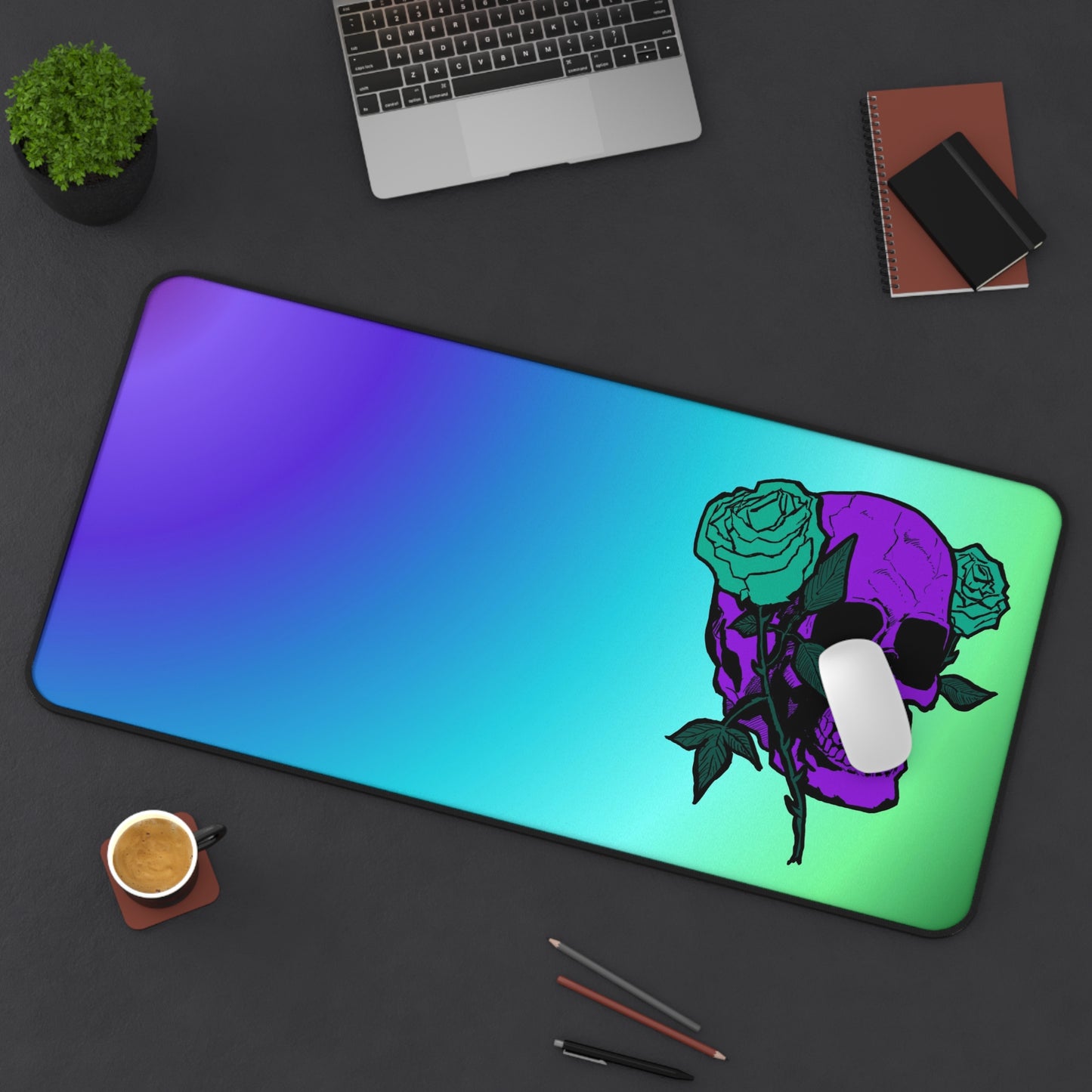 Gradient Skull Desk Mat with Teal Rose Accent