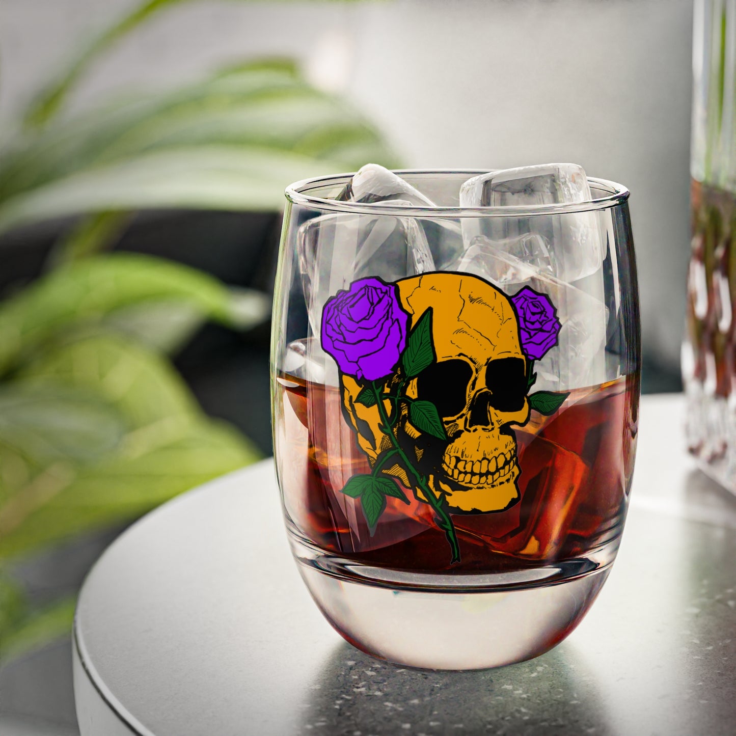 Stylish Skull Whiskey Glass with Roses | Unique Barware, Gift for Him, Collectible Drinkware, Halloween Decor, Gothic Style