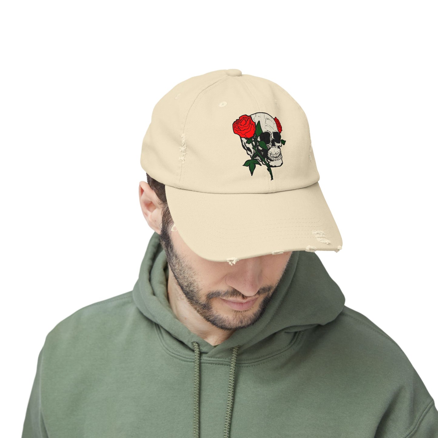 Skull and Roses Distressed Unisex Cap – Edgy Fashion Accessory for Music Lovers