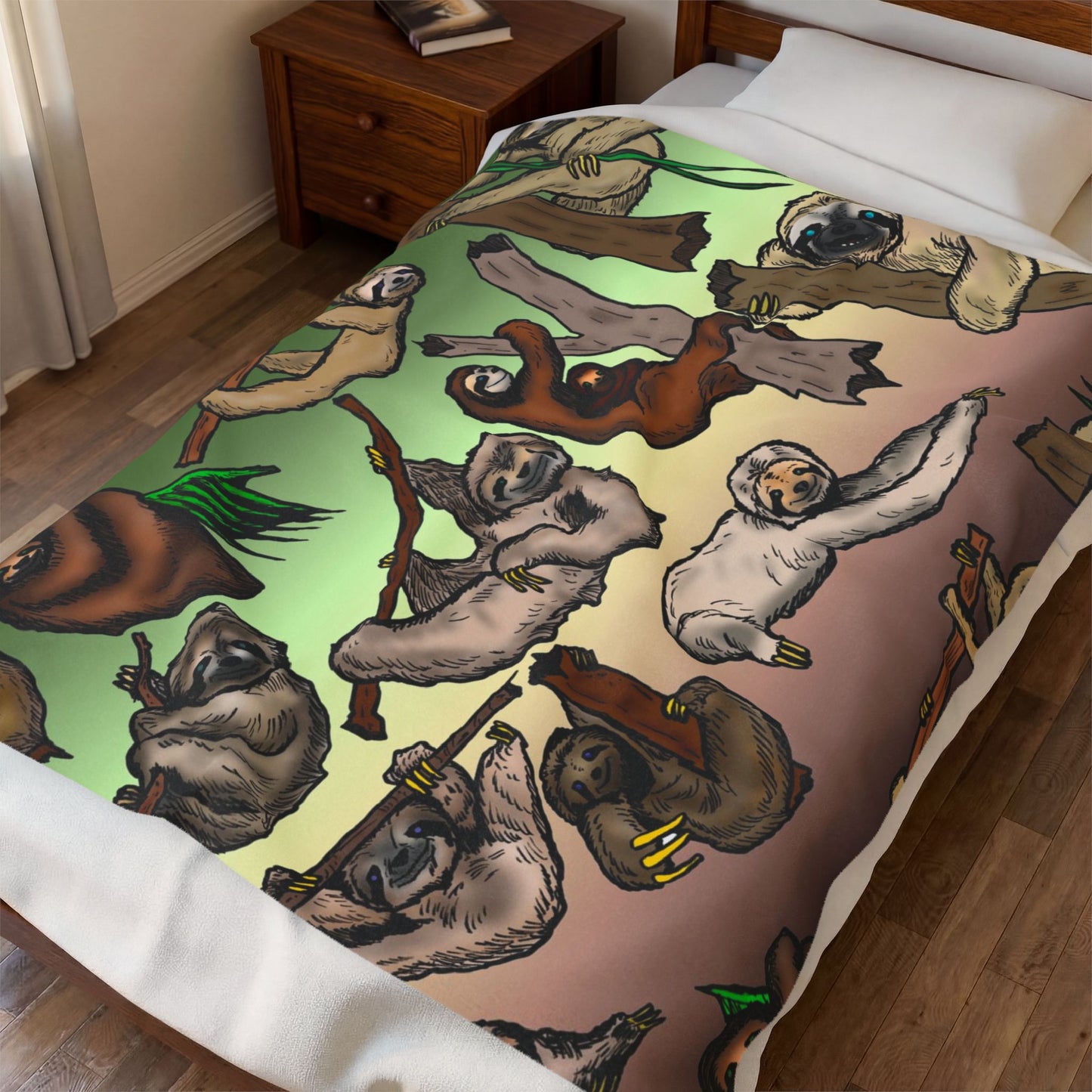 Sloth Pattern Velveteen Plush Blanket – Cute Relaxing Animal Throw