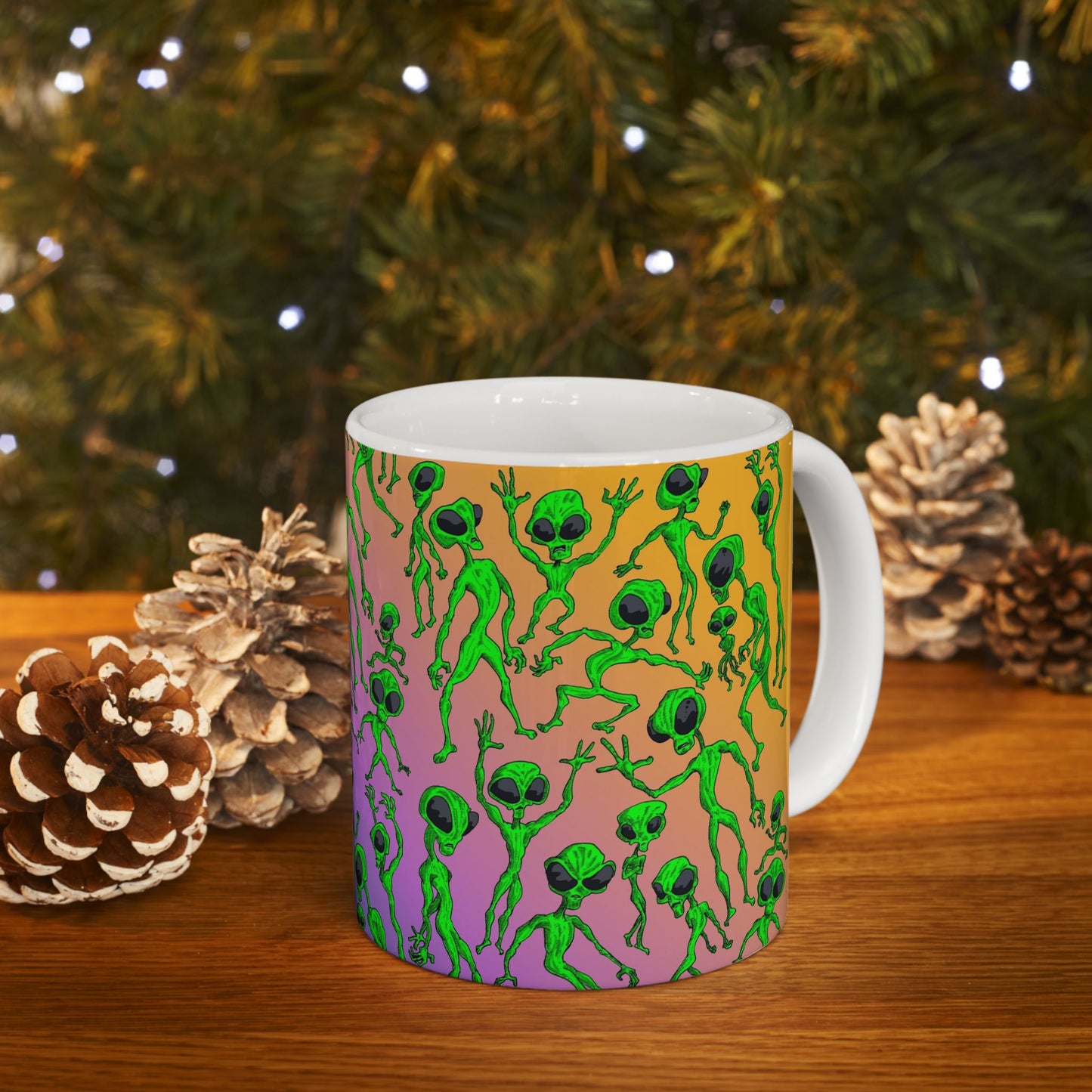 Alien Dance Party Ceramic Mug — Colorful Psychedelic Green Aliens (11oz & 15oz)