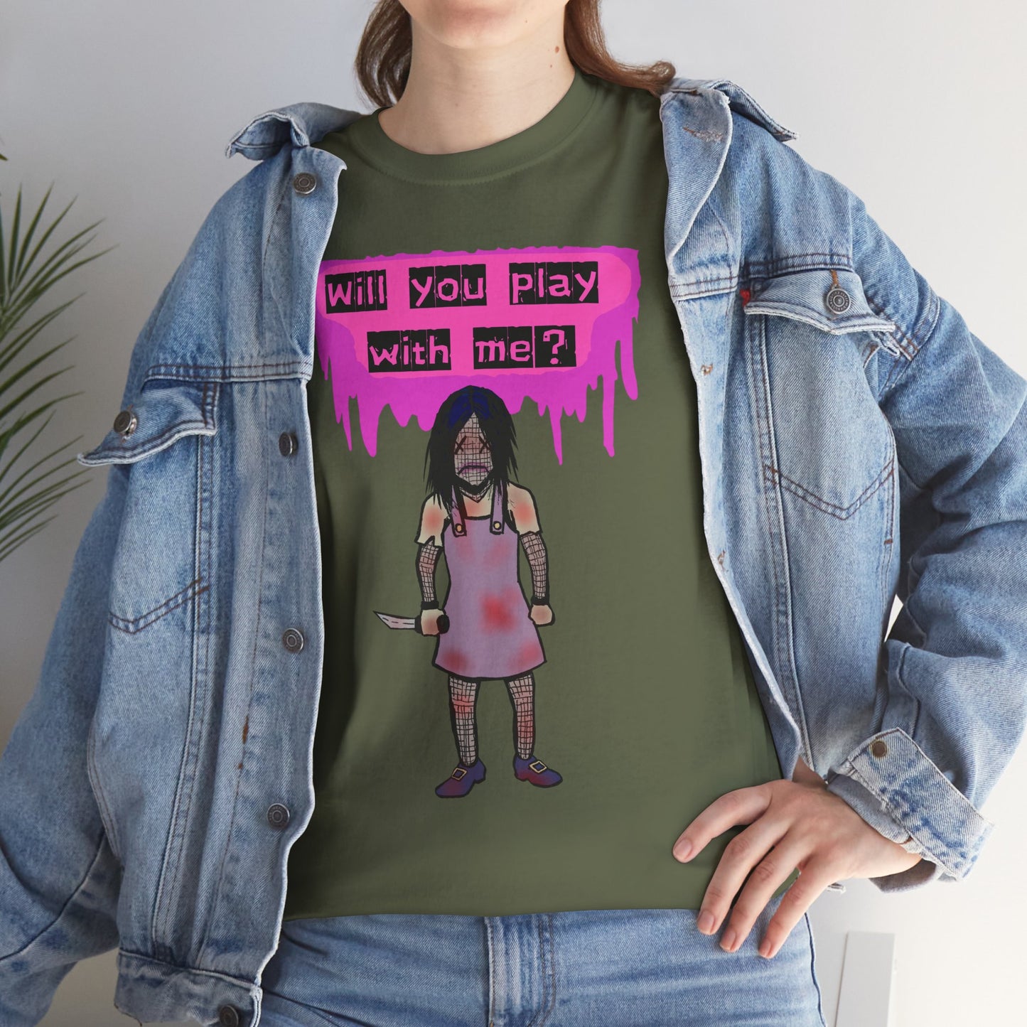 Playful Evil Doll Horror Graphic Tee, Unisex Heavy Cotton Shirt, Casual Wear, Unique Gift, Halloween Costume, Quirky Fashion
