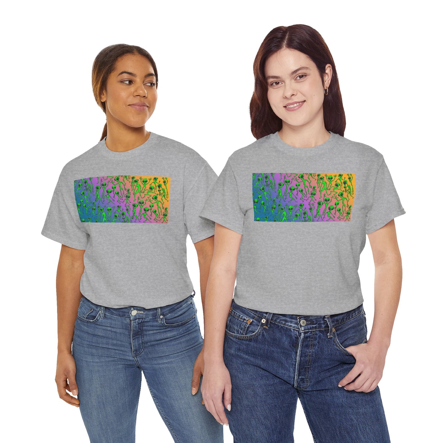 Alien Dance Party Gradient Tee — Colorful Psychedelic Green Aliens Art T-Shirt