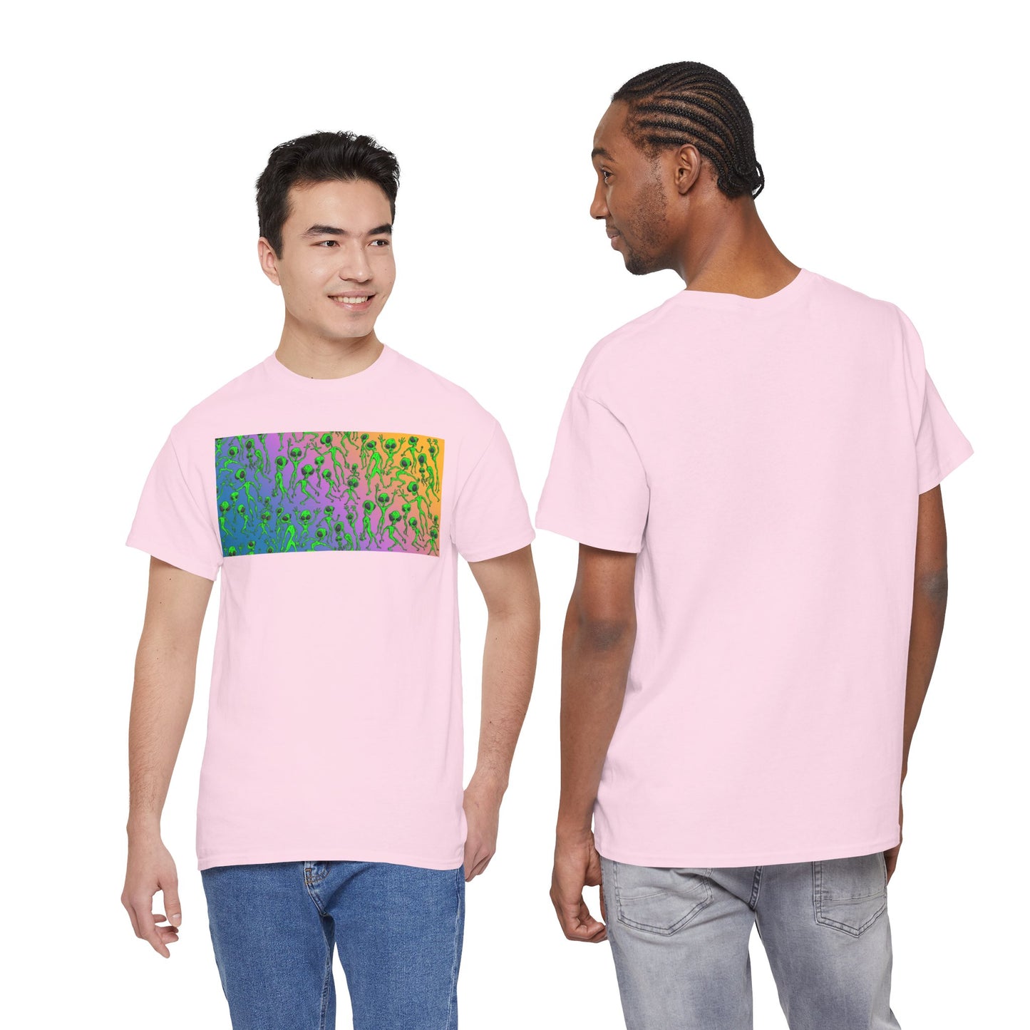Alien Dance Party Gradient Tee — Colorful Psychedelic Green Aliens Art T-Shirt