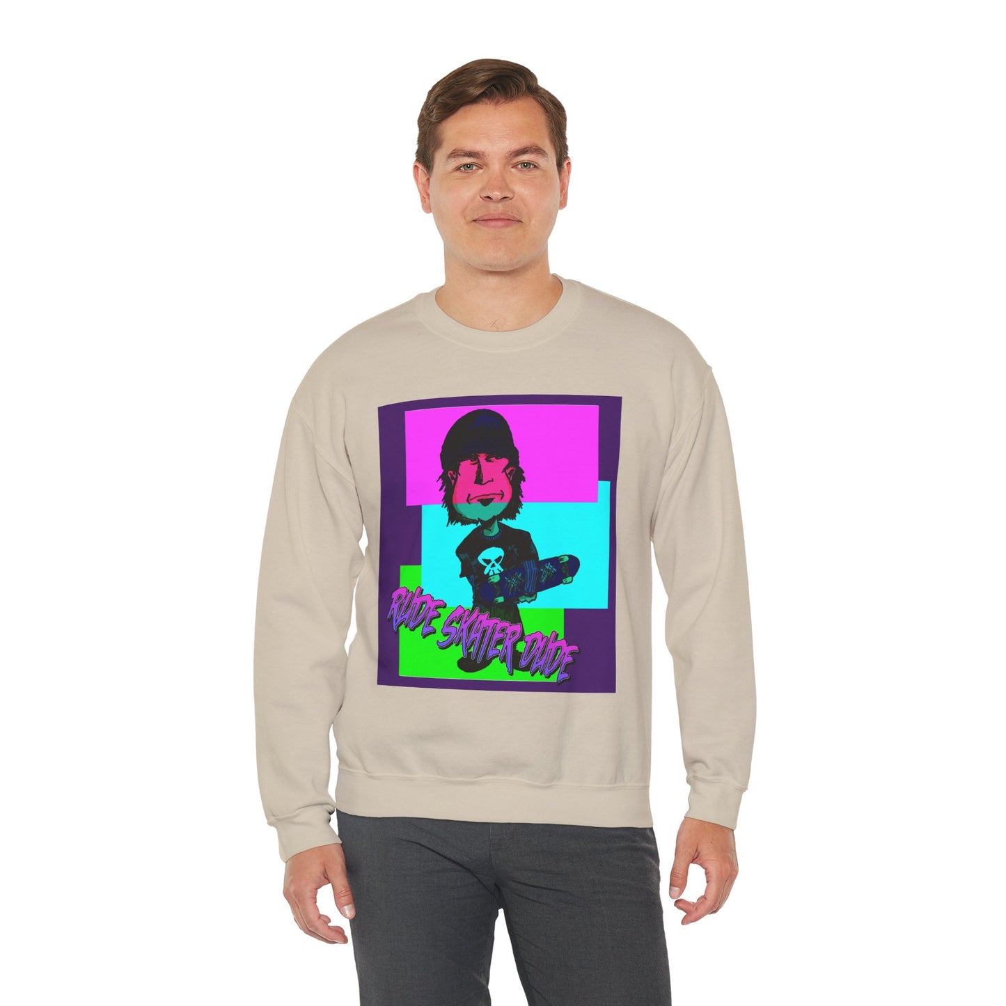 Crewneck Sweatshirt — Retro Neon Skate Punk "Rude Skater Dude" Graphic