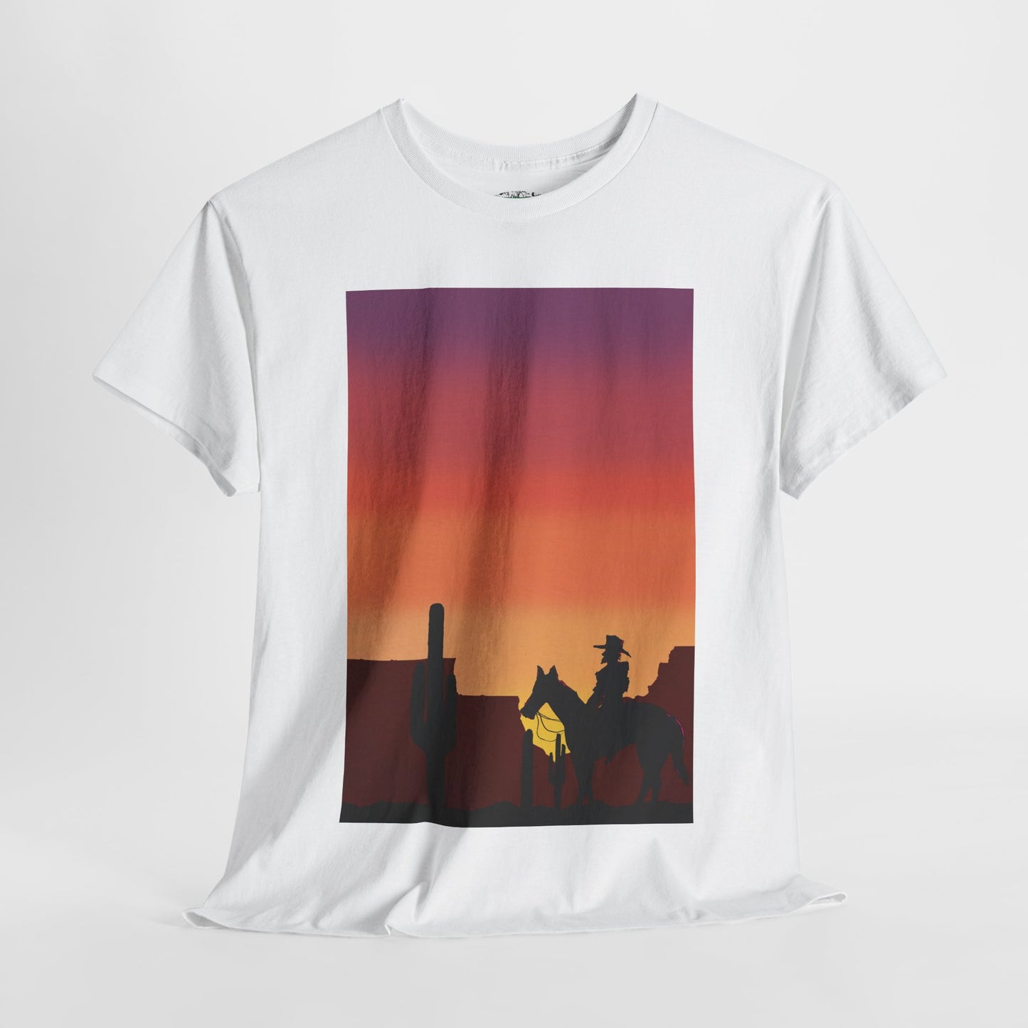 Sunset Cowboy Unisex Heavy Cotton Tee - Western Graphic Tee for Nature Lovers