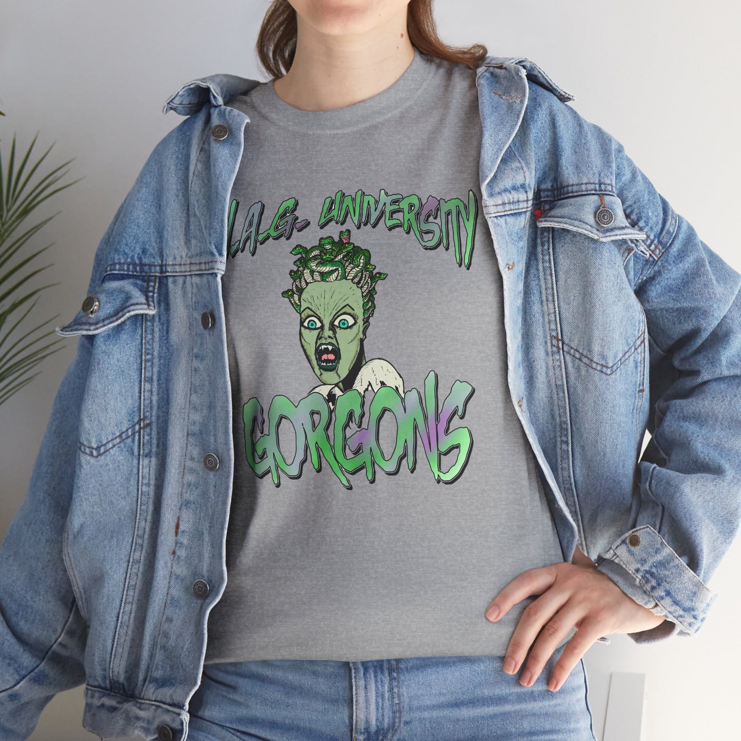 H.A.G. University Gorgons Unisex Heavy Cotton Tee - Spooky & Fun Graphic T-Shirt