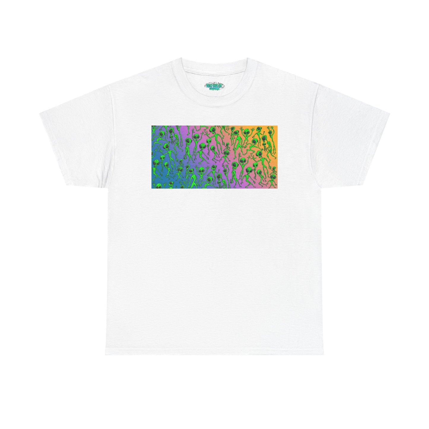 Alien Dance Party Gradient Tee — Colorful Psychedelic Green Aliens Art T-Shirt