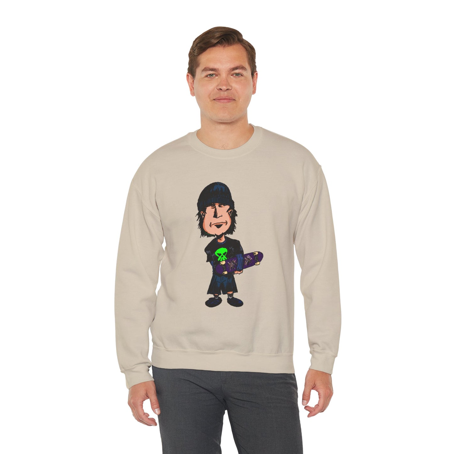 Rude Skater Dude - Cartoon Skate Punk Crewneck Sweatshirt — Retro Skateboard Character Graphic