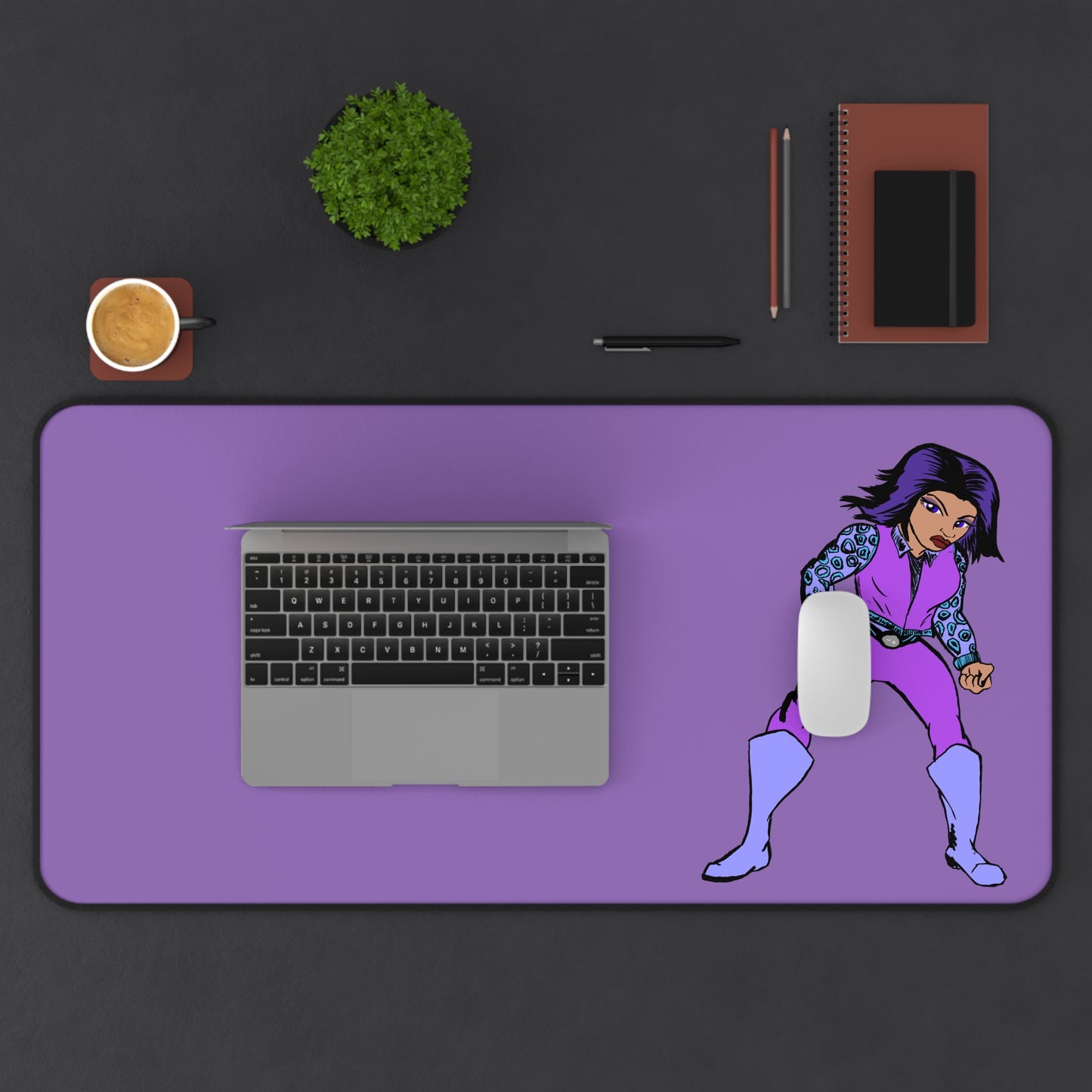 Retro Woman Hero Stylish Desk Mat - Vibrant Purple Design, Office Decor, Gaming Pad, Desk Accessory, Gift for Students, Home Office Essentials