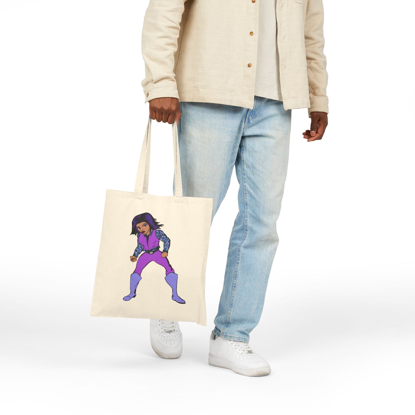 Canvas Tote Bag — Retro Purple Superhero Illustration Tote for Fans & Everyday Use