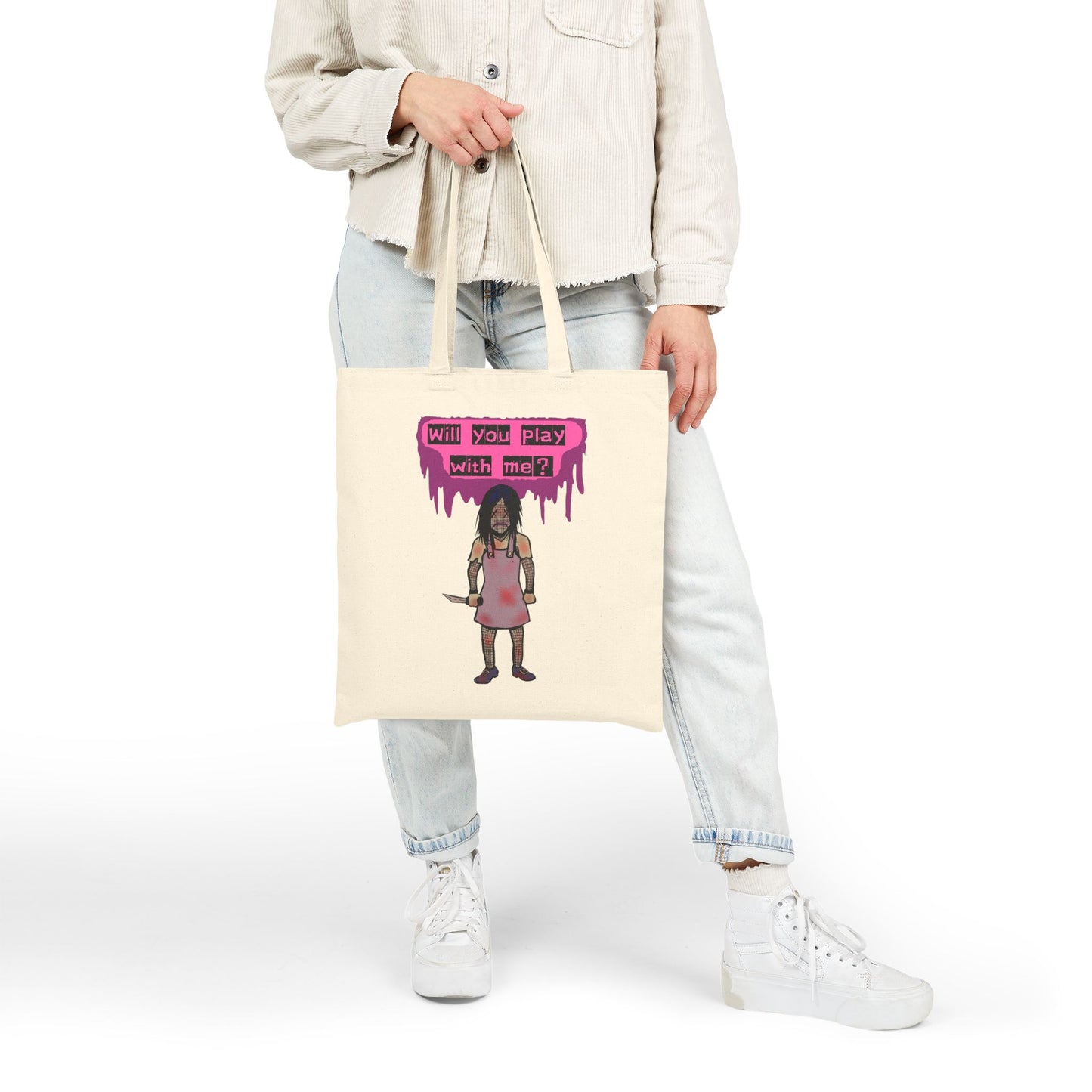 Tote Bag — 'Will You Play With Me?' Horror Creepy Doll Canvas Tote