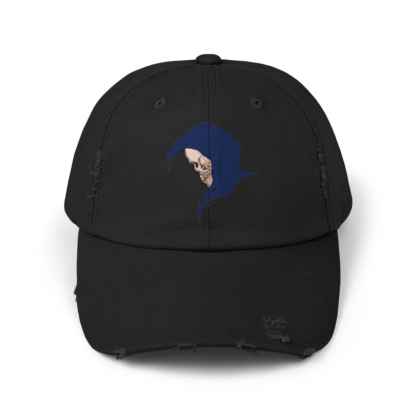 Distressed Cap with Grim Reaper Design