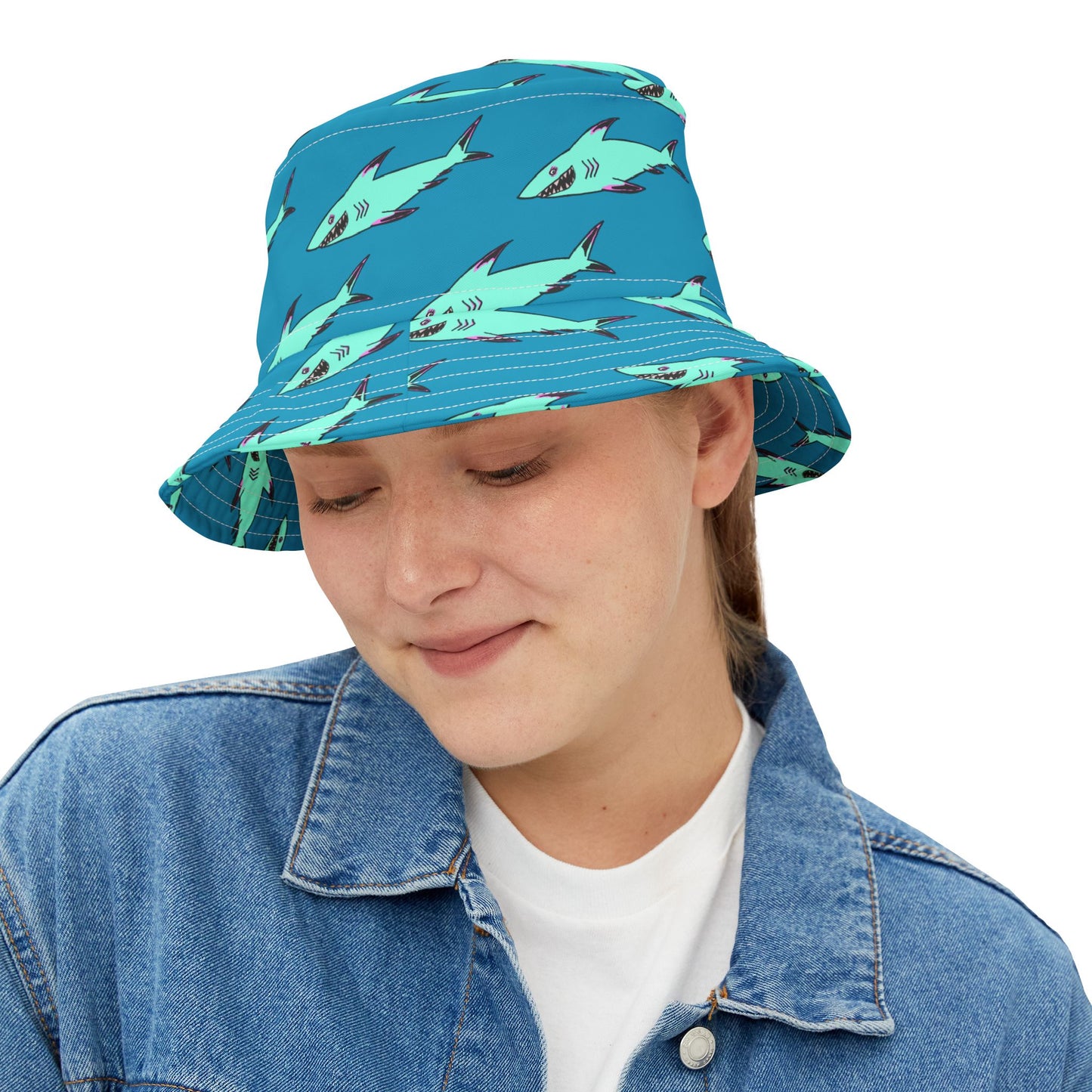 Shark-Print Bucket Hat, Fun Summer Hat, Beach Accessory, Vacation Gear, Gift for Ocean Lovers, Trendy Headwear