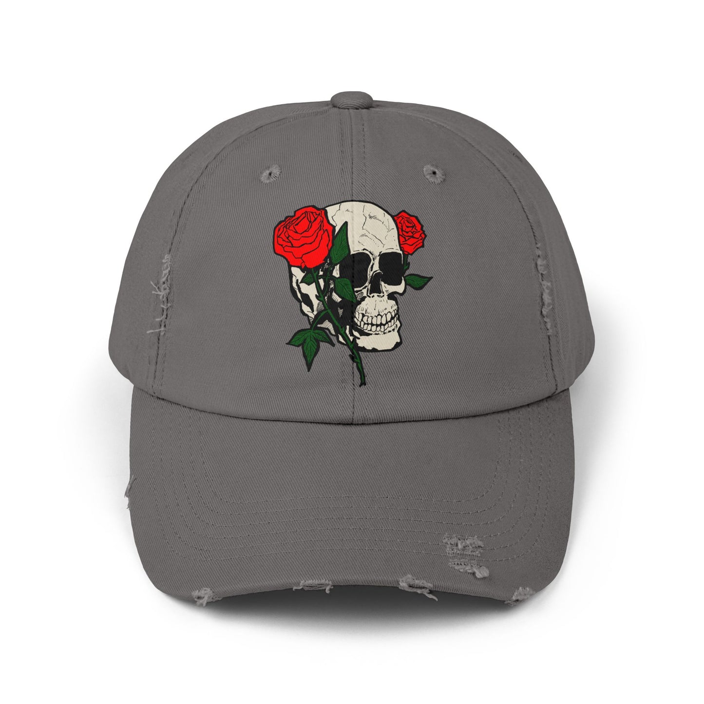 Skull and Roses Distressed Unisex Cap – Edgy Fashion Accessory for Music Lovers