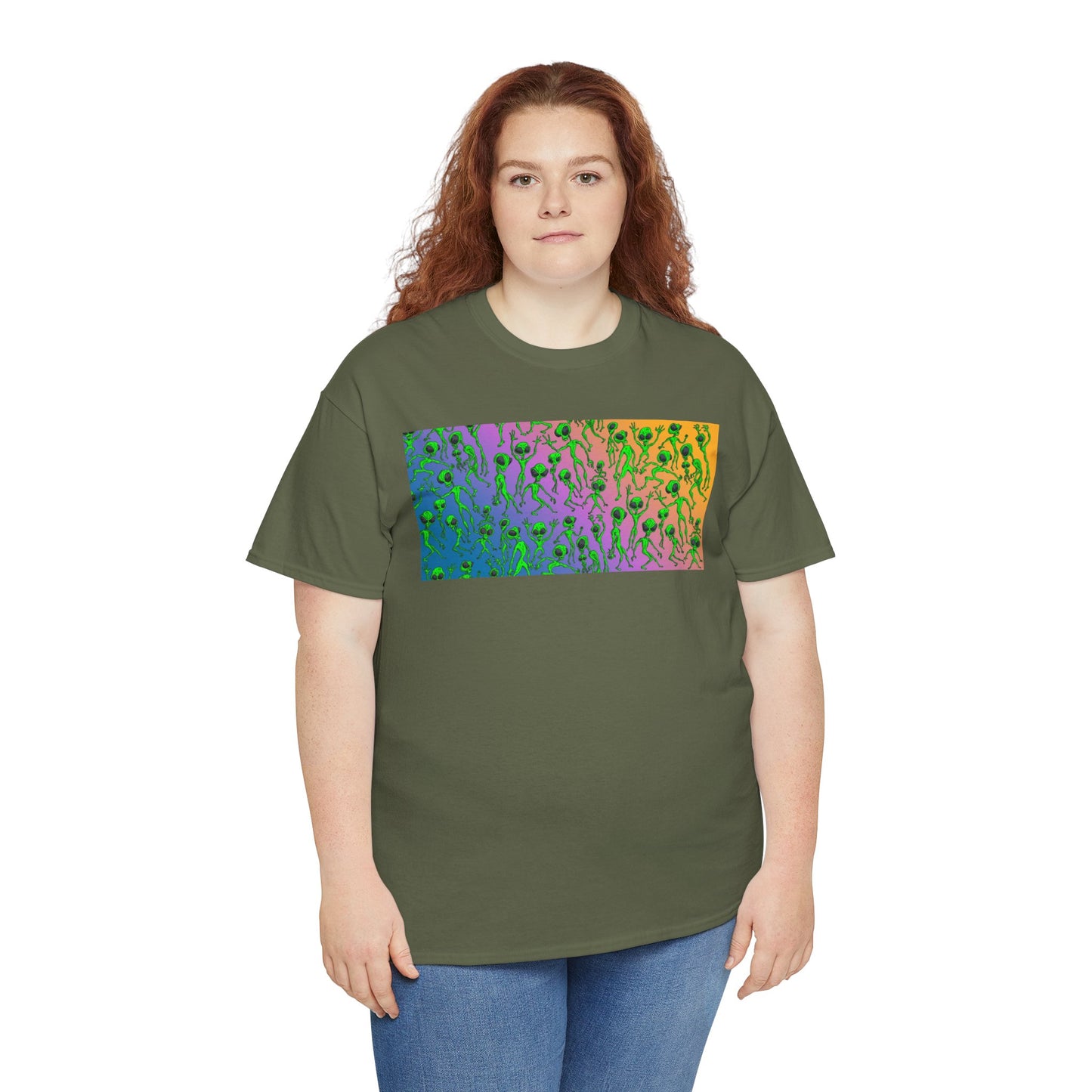 Alien Dance Party Gradient Tee — Colorful Psychedelic Green Aliens Art T-Shirt