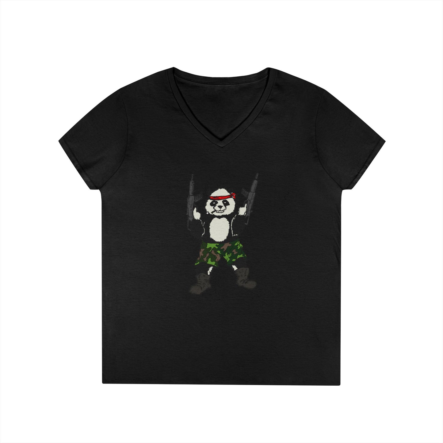Ladies' V-Neck T-Shirt - Cool Panda with Guns Graphic Tee
