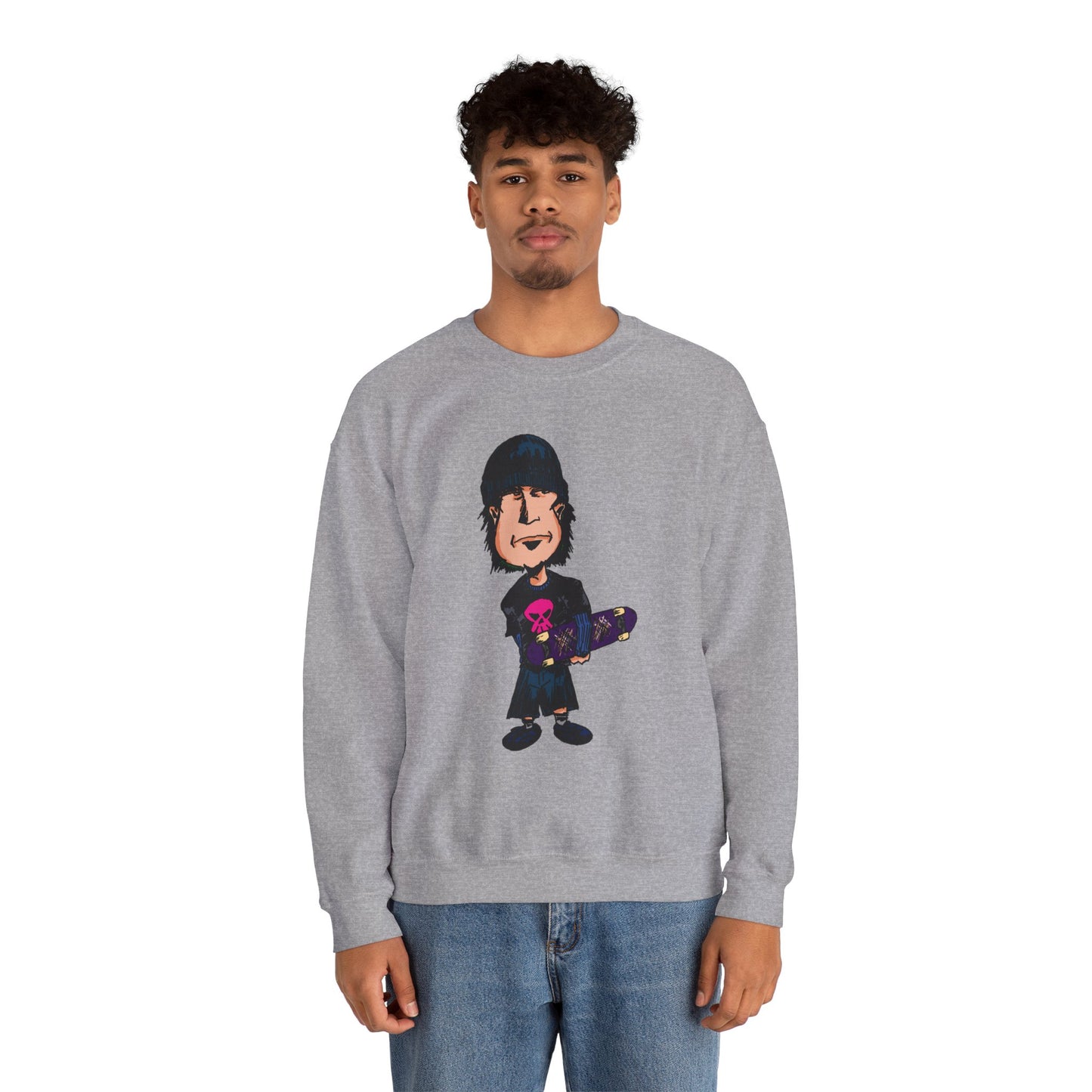 Rude Skater Dude - Skate Punk - Cartoon Skater Crewneck Sweatshirt – Cute Skateboarder Graphic Pullover