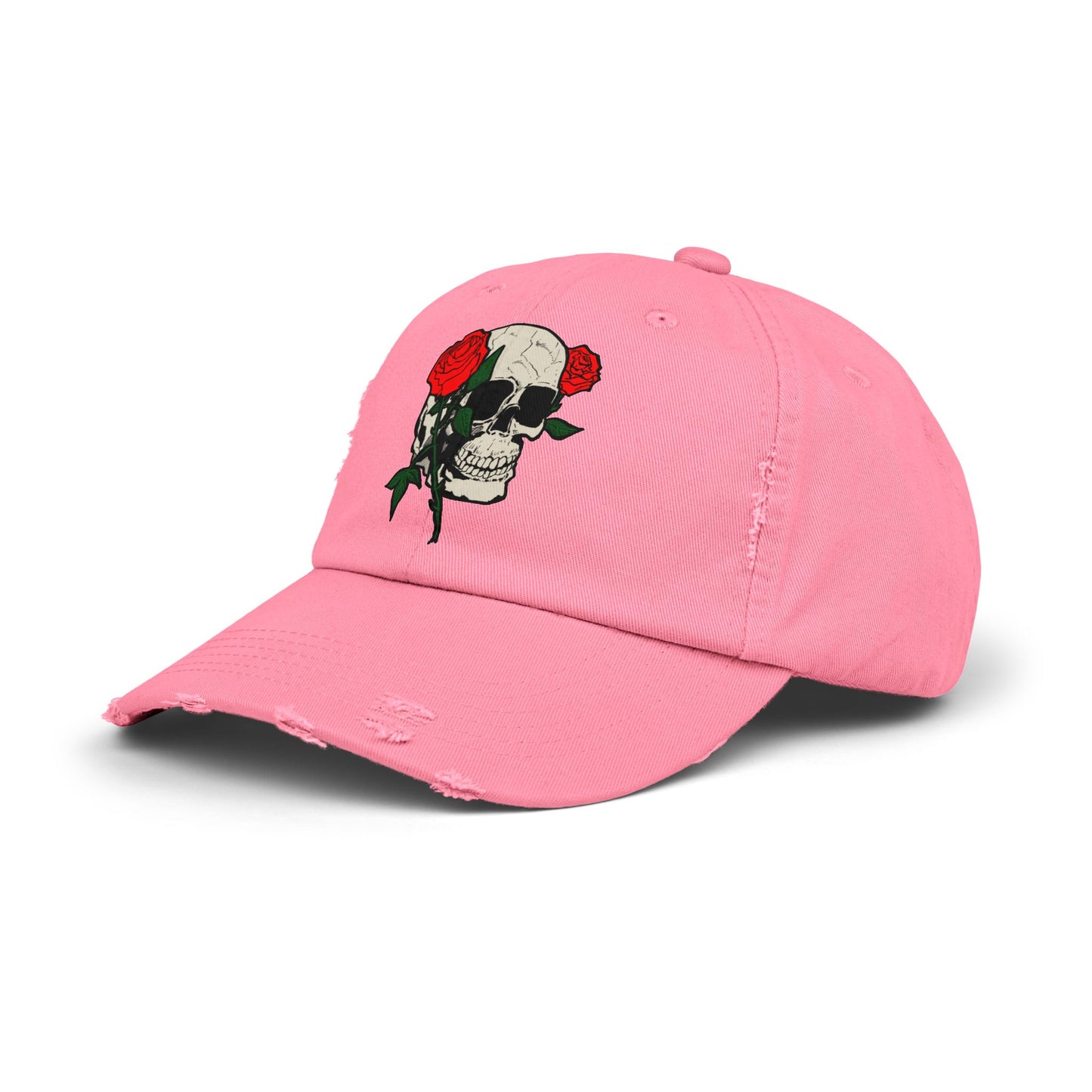 Skull and Roses Distressed Unisex Cap – Edgy Fashion Accessory for Music Lovers