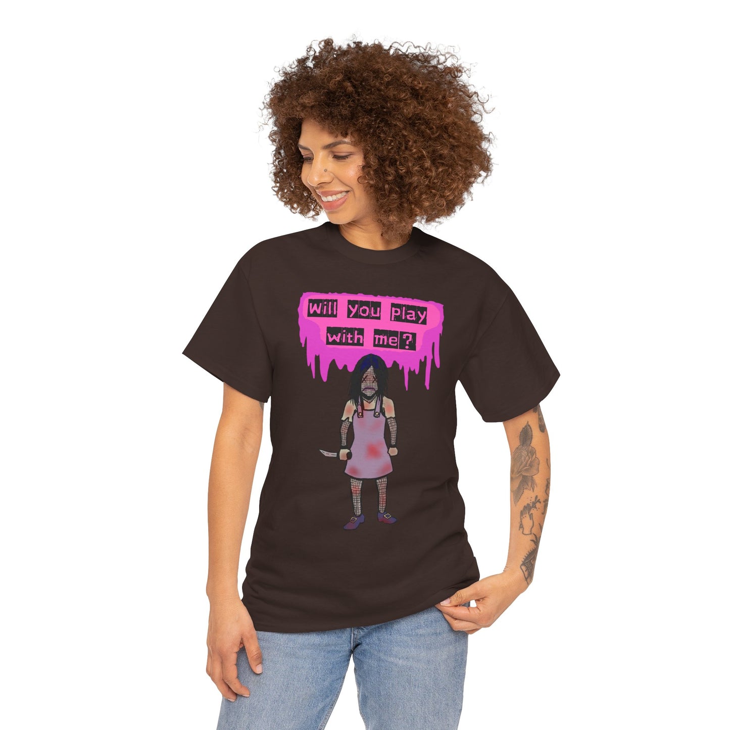 Playful Evil Doll Horror Graphic Tee, Unisex Heavy Cotton Shirt, Casual Wear, Unique Gift, Halloween Costume, Quirky Fashion