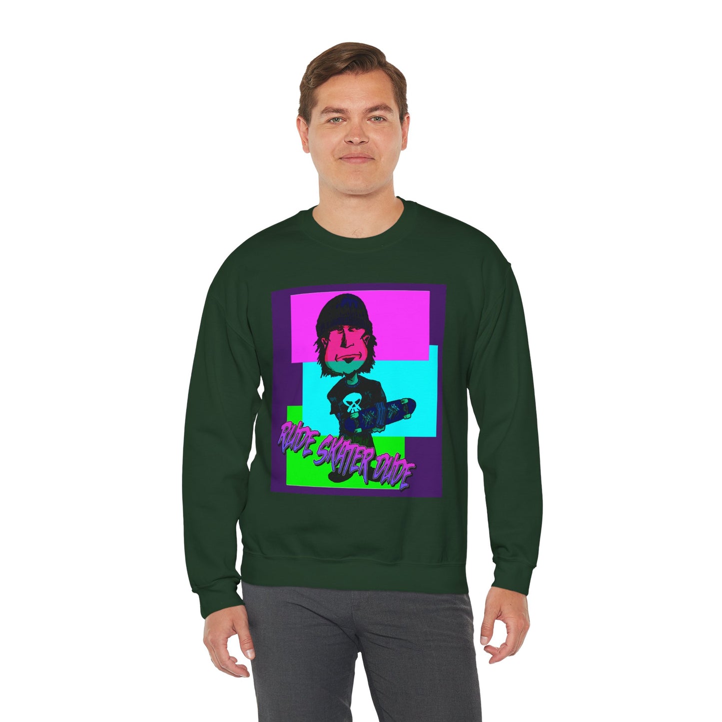 Crewneck Sweatshirt — Retro Neon Skate Punk "Rude Skater Dude" Graphic