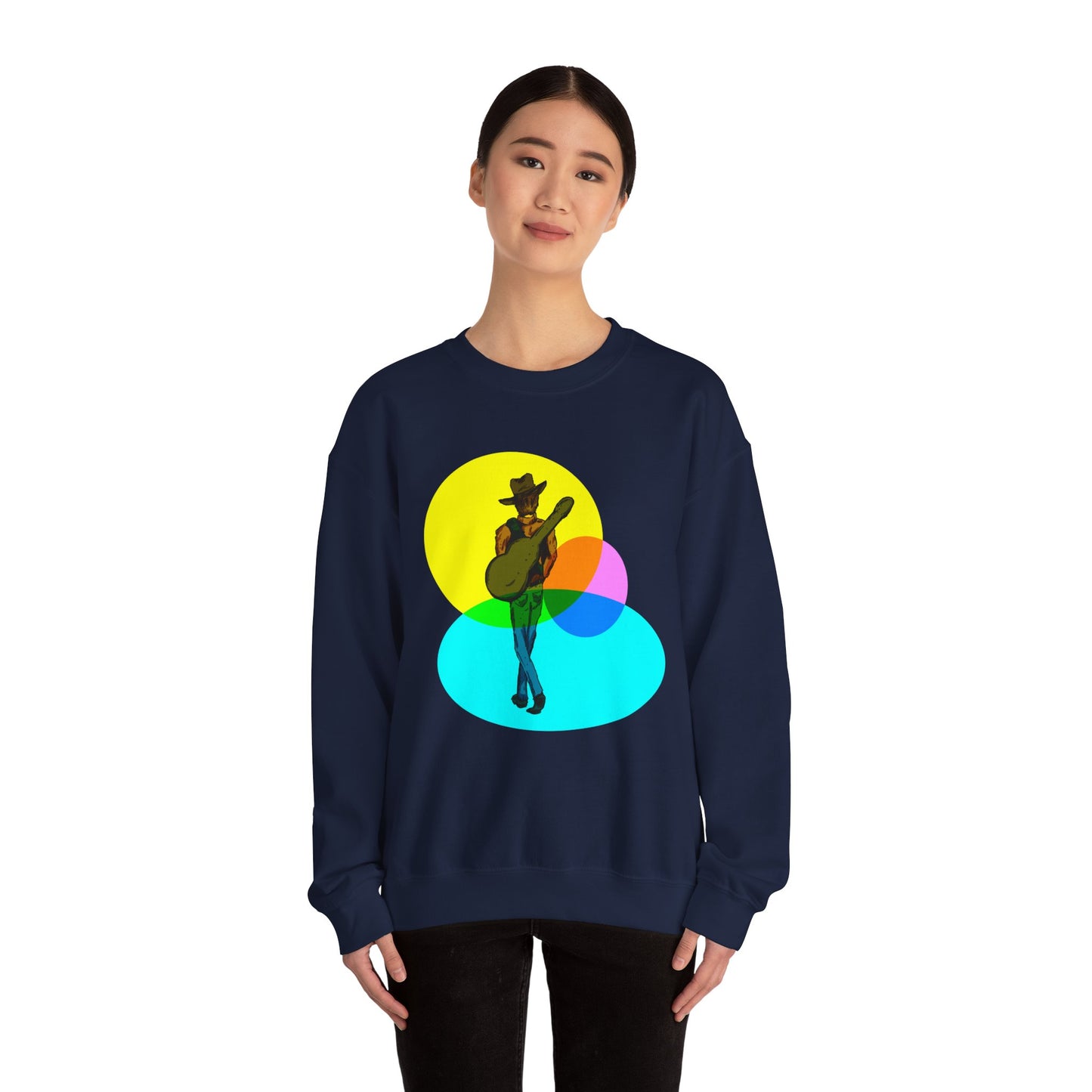 Cowboy Guitarist Graphic Sweatshirt — Retro Color Spot Music Pullover
