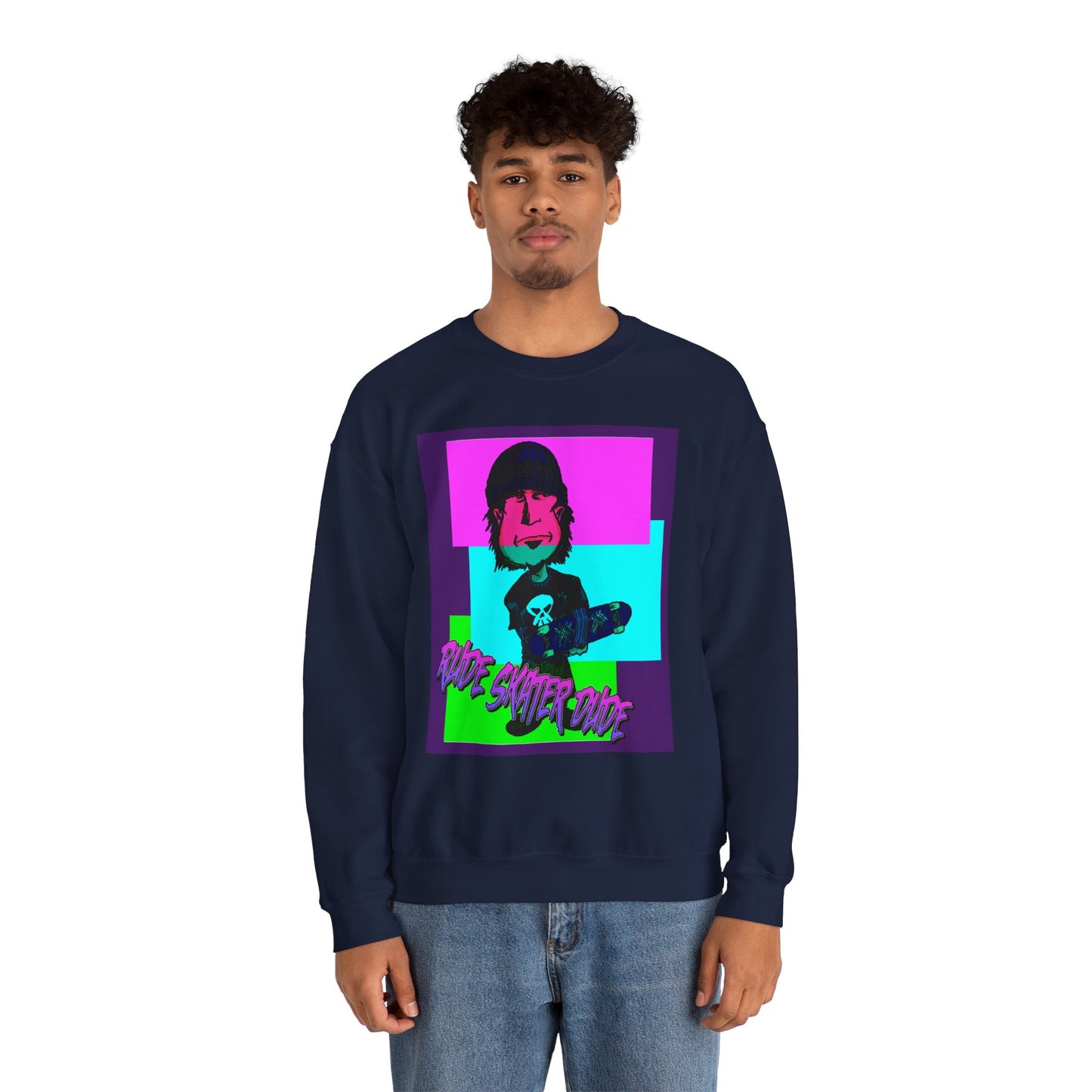Crewneck Sweatshirt — Retro Neon Skate Punk "Rude Skater Dude" Graphic