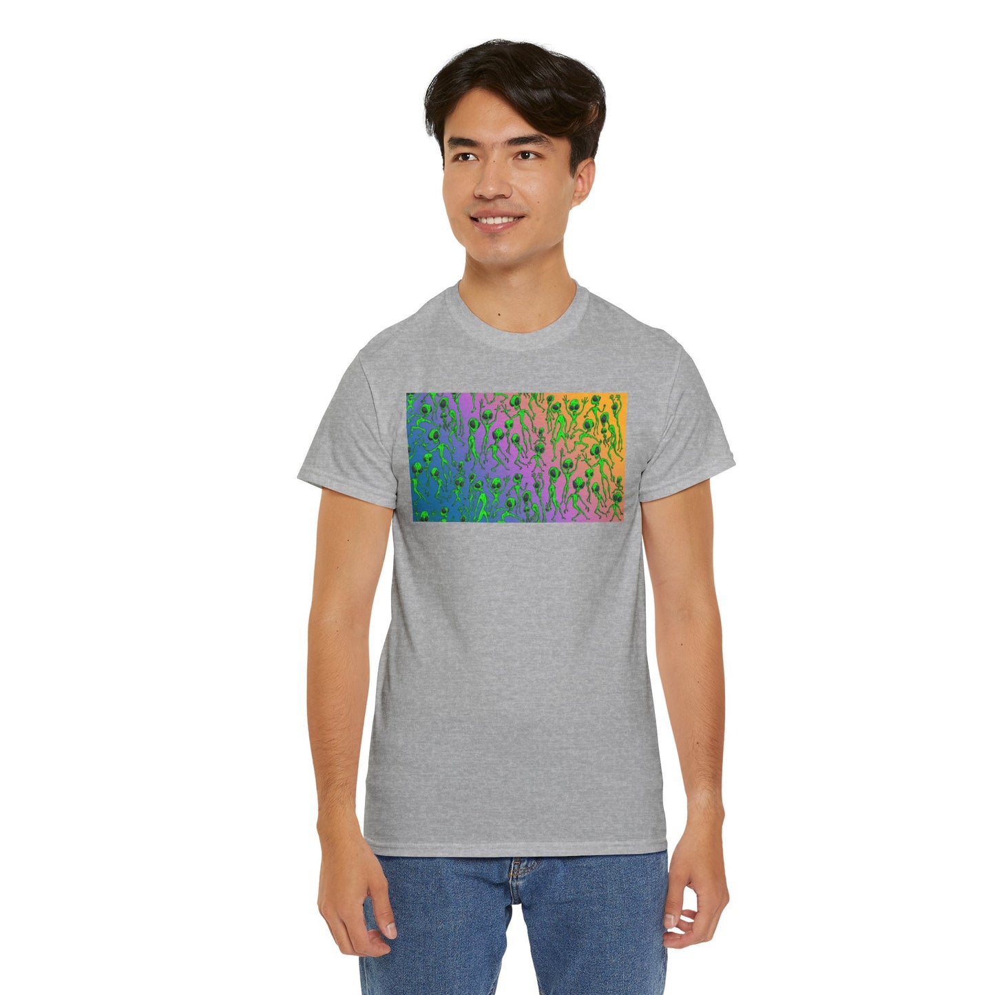 Alien Dance Party Gradient Tee — Colorful Psychedelic Green Aliens Art T-Shirt