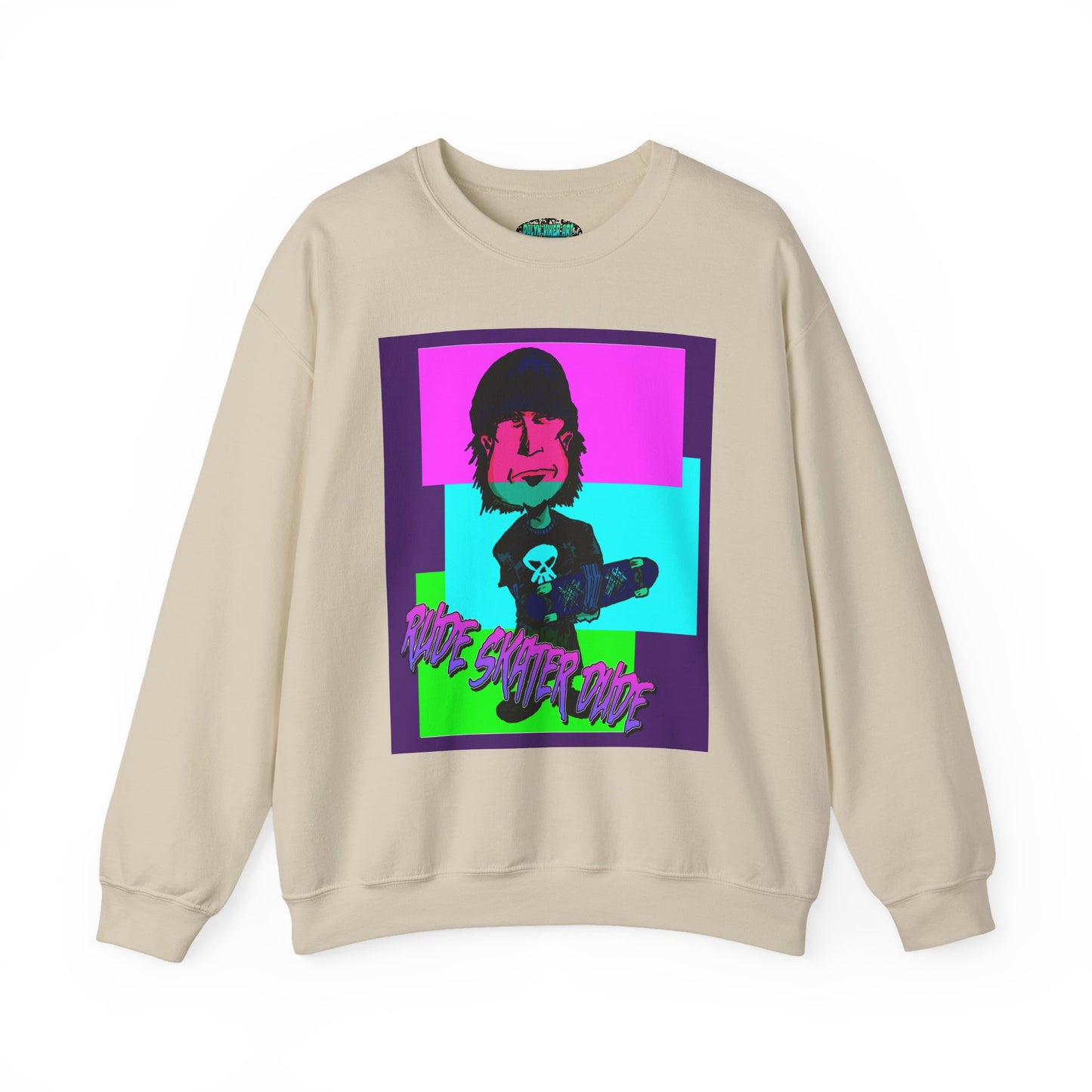 Crewneck Sweatshirt — Retro Neon Skate Punk "Rude Skater Dude" Graphic