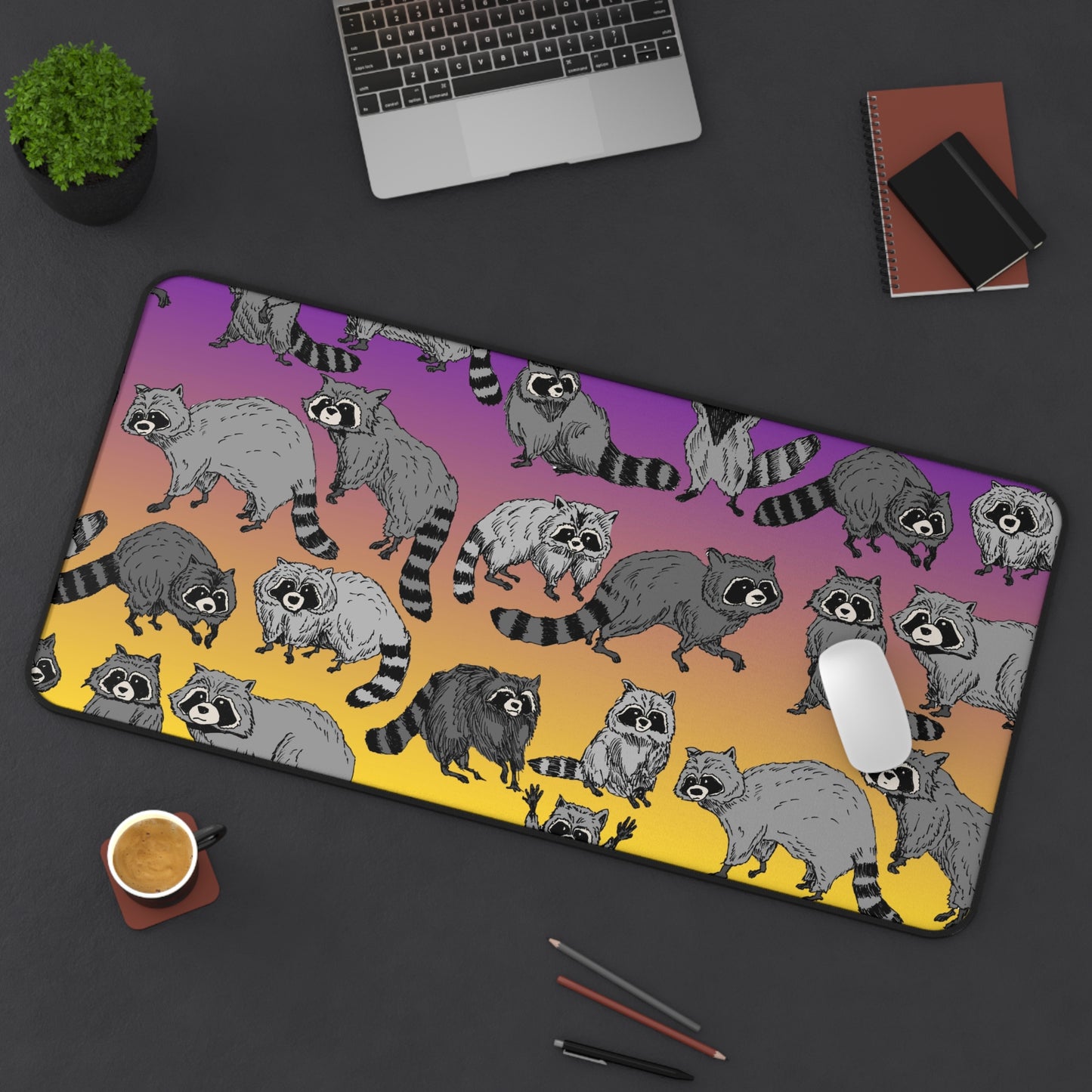Raccoon Pattern Desk Mat — Gradient Sunset Gaming & Office Mousepad