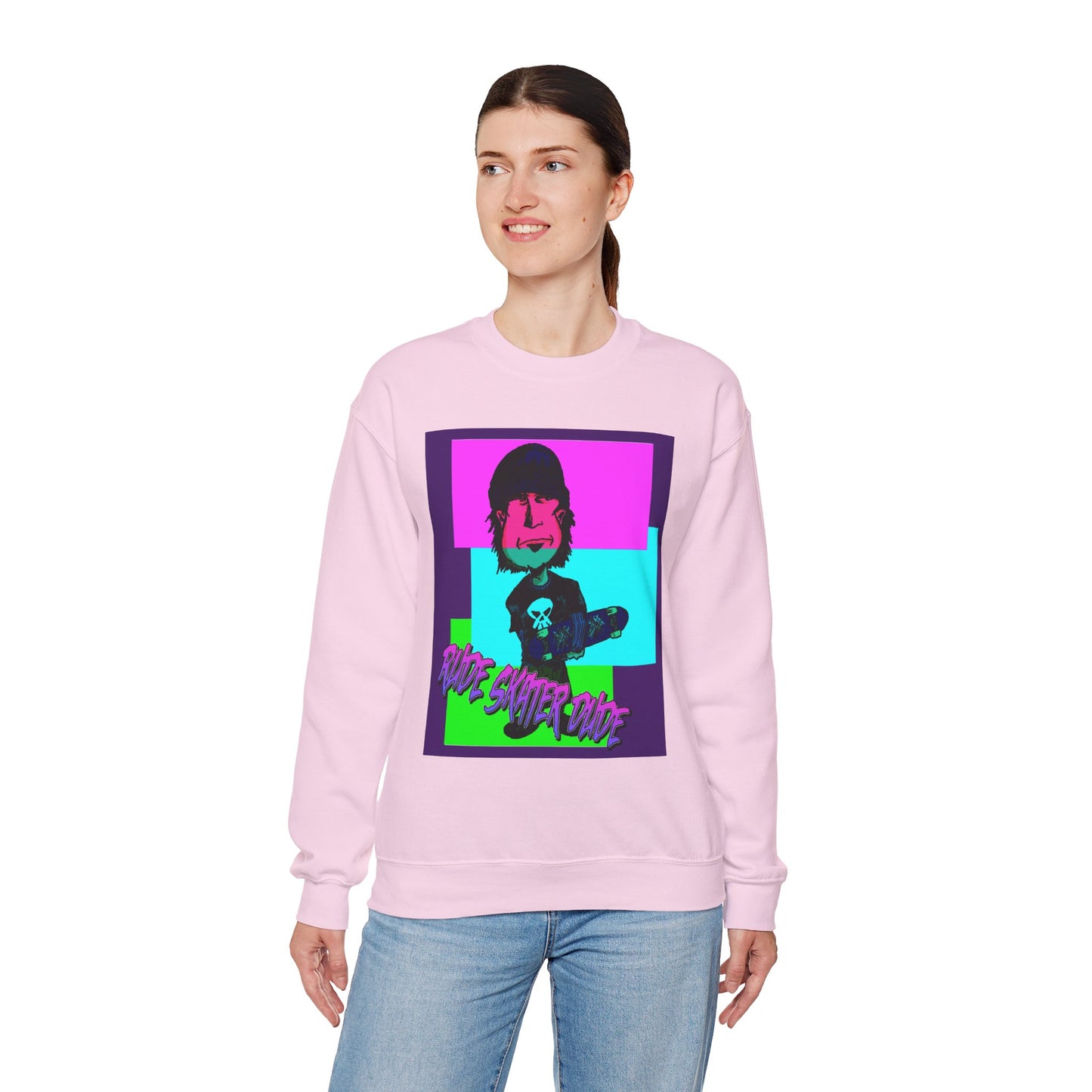 Crewneck Sweatshirt — Retro Neon Skate Punk "Rude Skater Dude" Graphic