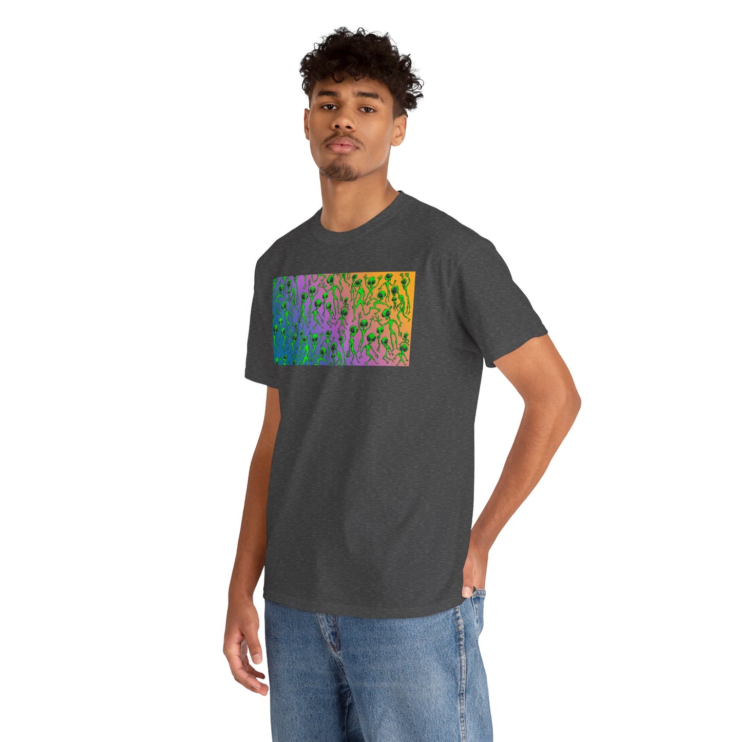 Alien Dance Party Gradient Tee — Colorful Psychedelic Green Aliens Art T-Shirt