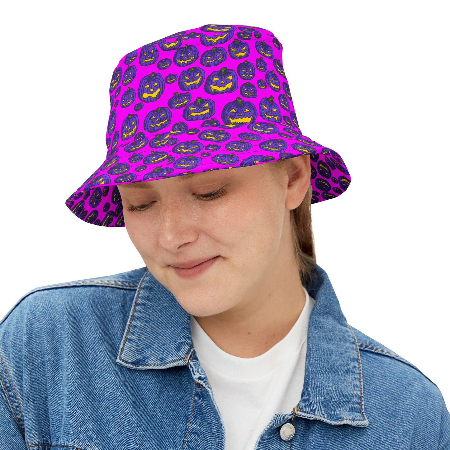 Vibrant Pumpkin Print Bucket Hat, Halloween Hat, Trendy AOP Hat, Fun Outdoor Accessory, Fall Fashion