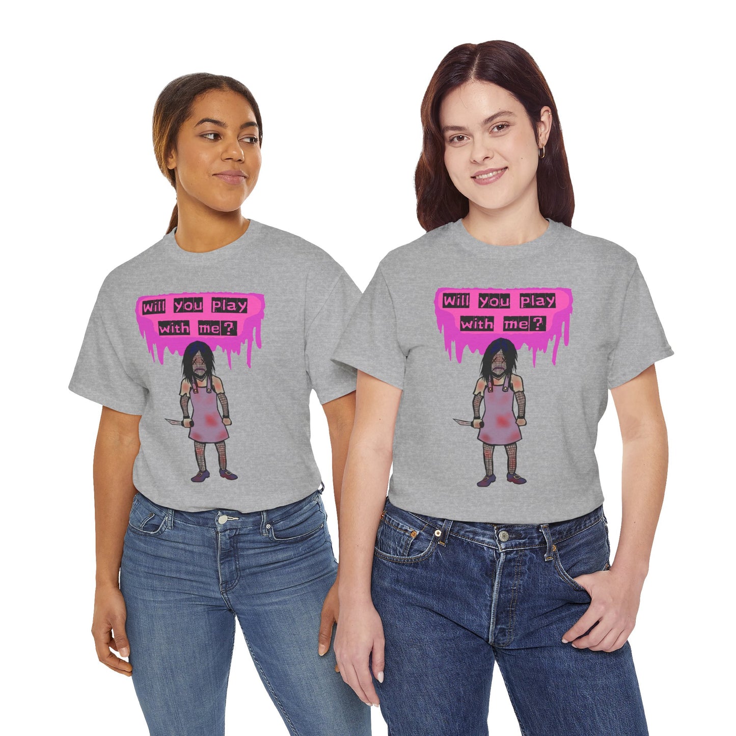 Playful Evil Doll Horror Graphic Tee, Unisex Heavy Cotton Shirt, Casual Wear, Unique Gift, Halloween Costume, Quirky Fashion