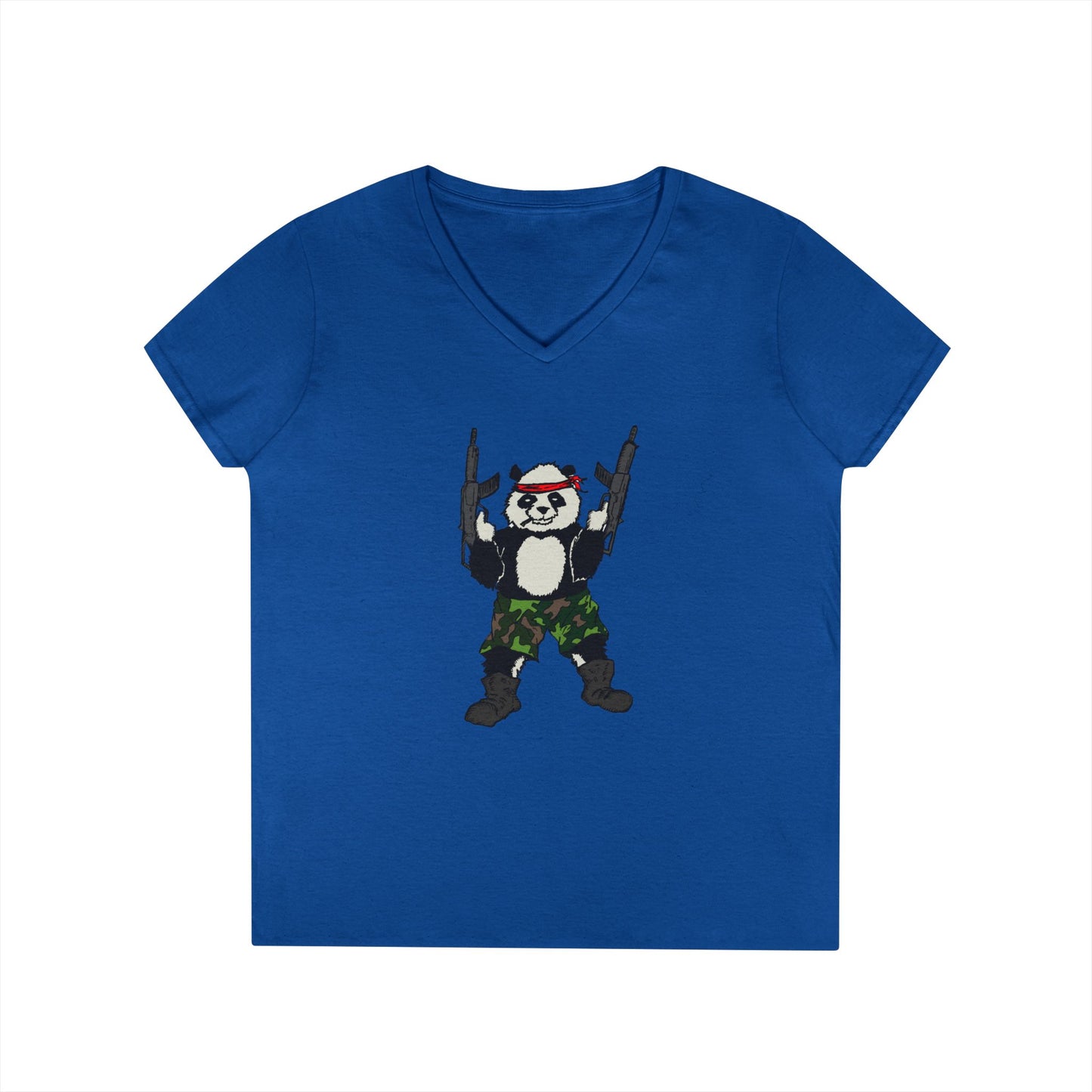 Ladies' V-Neck T-Shirt - Cool Panda with Guns Graphic Tee