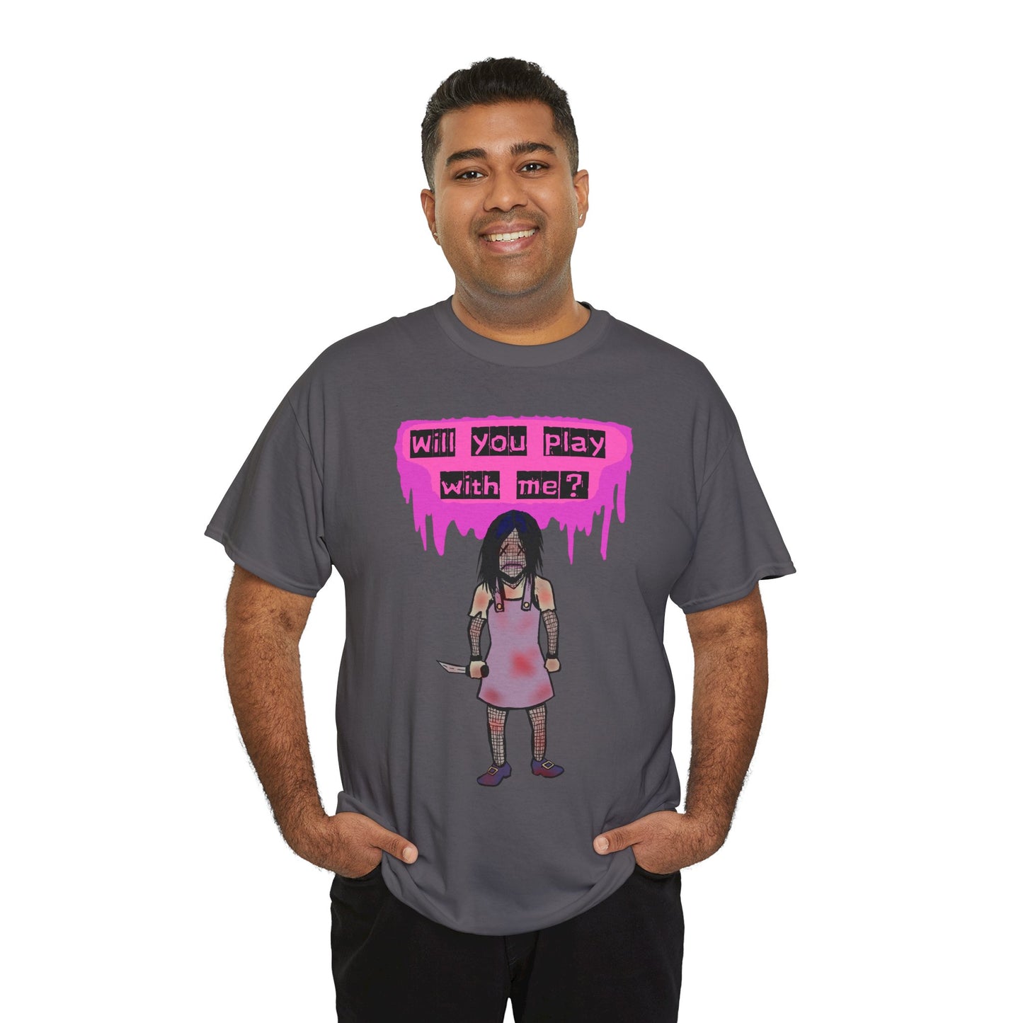 Playful Evil Doll Horror Graphic Tee, Unisex Heavy Cotton Shirt, Casual Wear, Unique Gift, Halloween Costume, Quirky Fashion