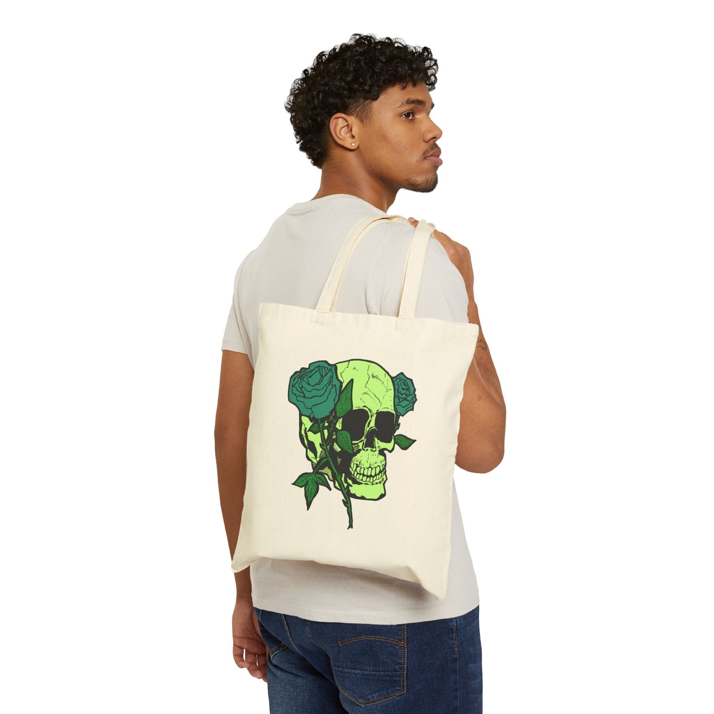 Green Skull & Roses Cotton Canvas Tote — Gothic Floral Reusable Bag