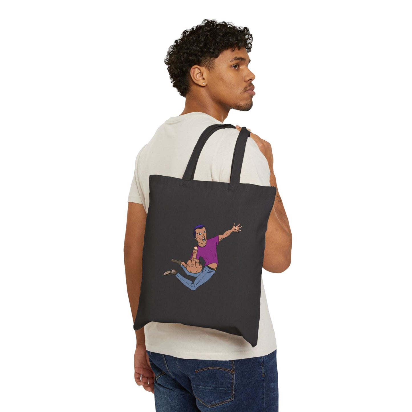 Giving a Flying Eff Tote Bag — Playful Retro Man Jumping Illustration Cotton Canvas Tote