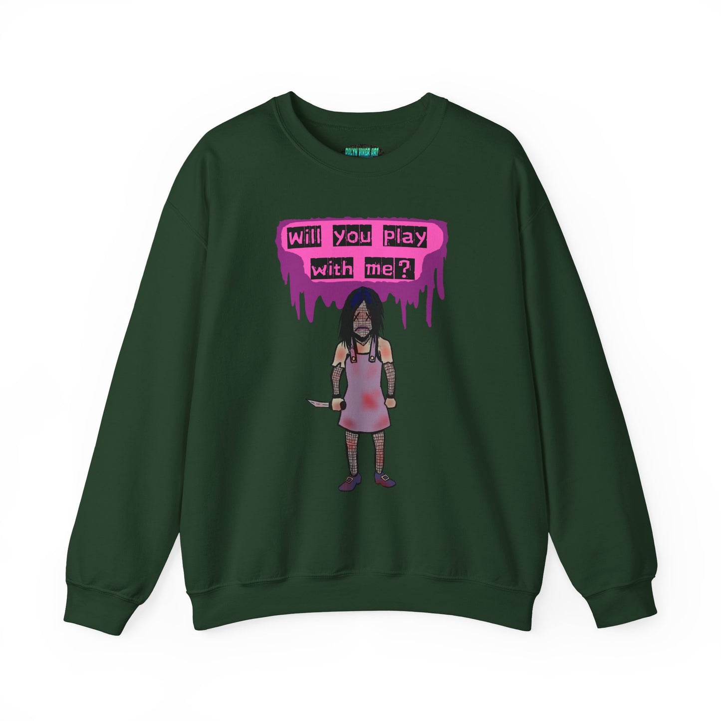 Evil Doll GHOSTLY VINTAGE UNISEX CREWNECK SWEATSHIRT - "Will You Play With Me?"