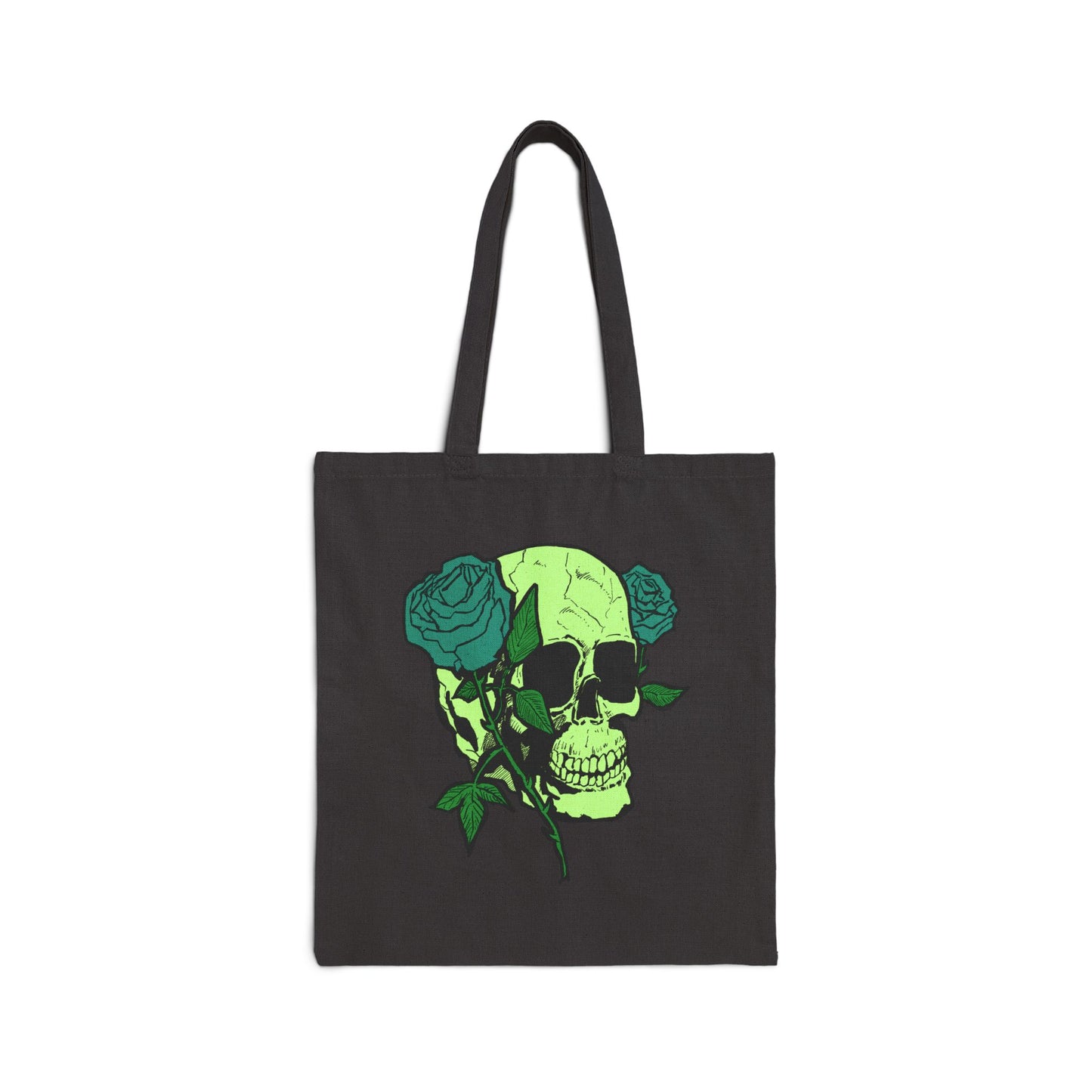 Green Skull & Roses Cotton Canvas Tote — Gothic Floral Reusable Bag