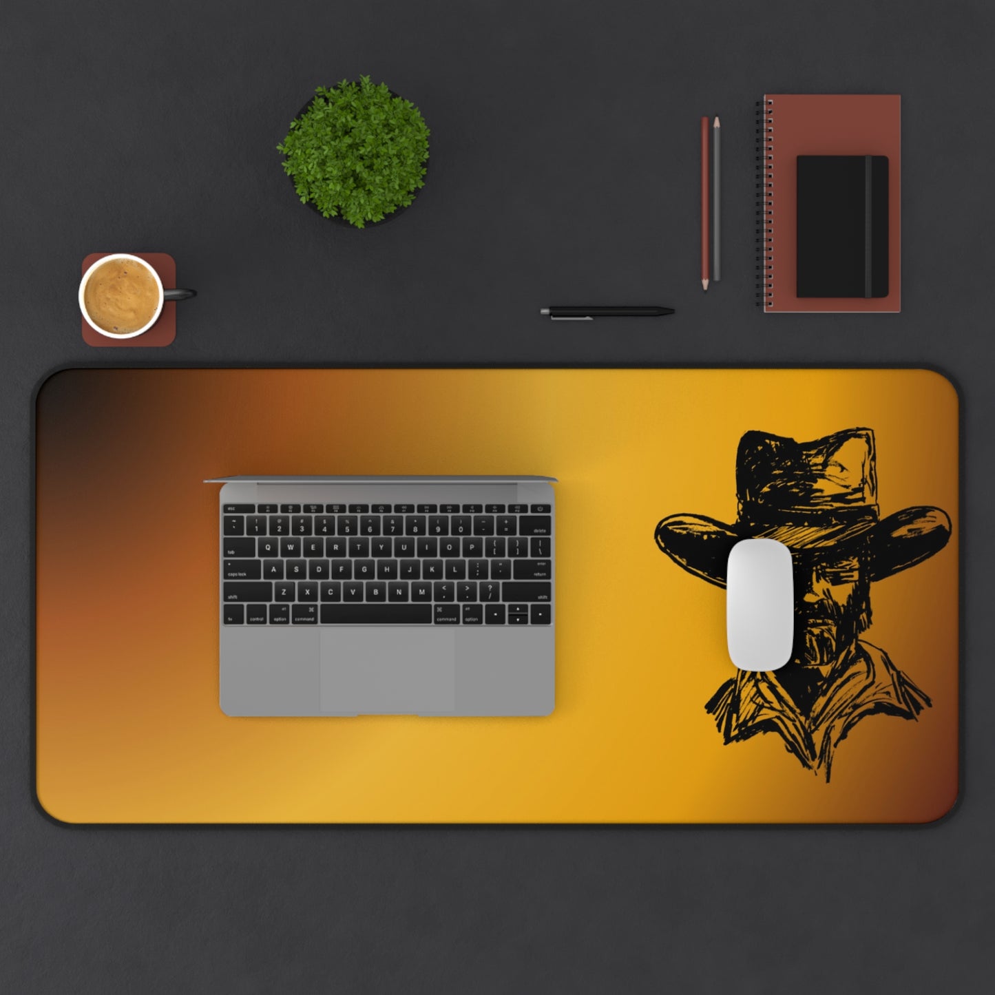 Western Cowboy Desk Mat — Rustic Sunset Mouse Pad with Cowboy Silhouette