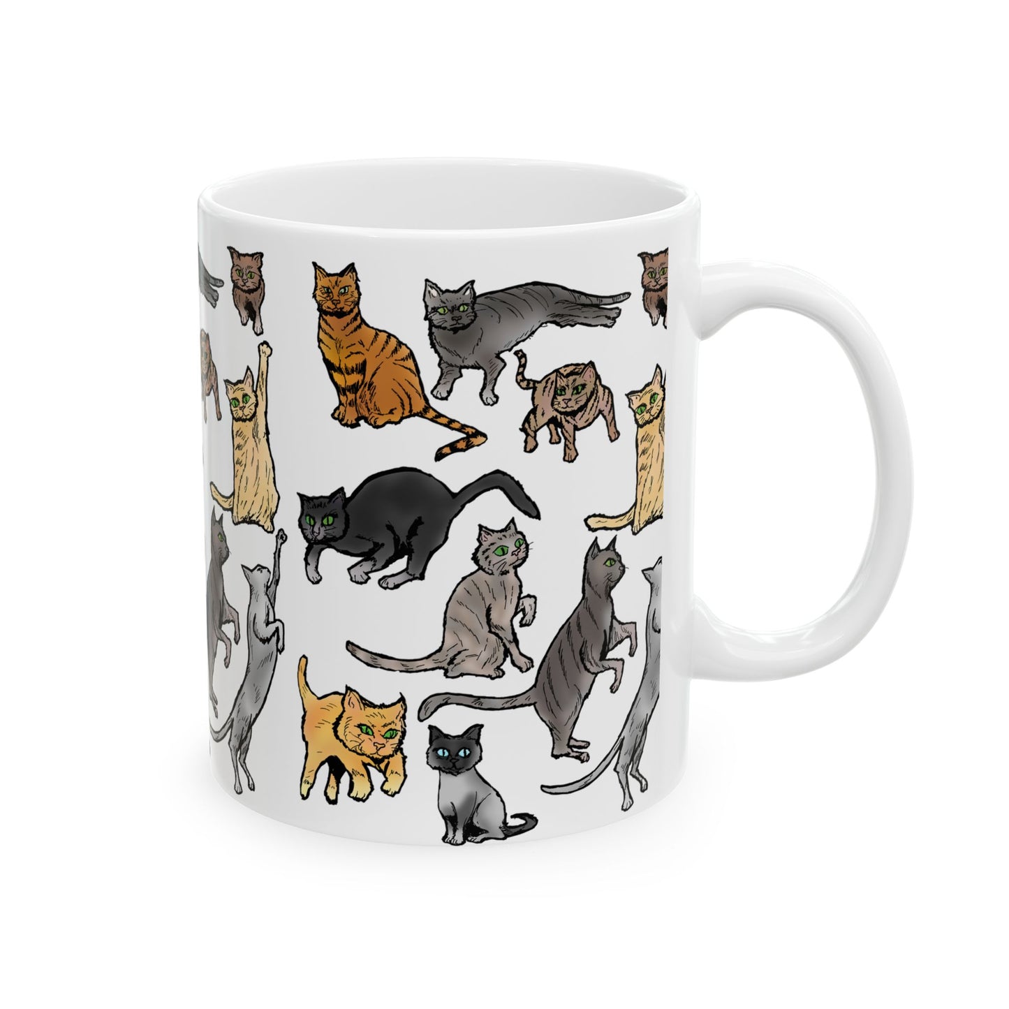 Cat Pattern Ceramic Mug — Cute Illustrated Cats Coffee Cup (11oz, 15oz)
