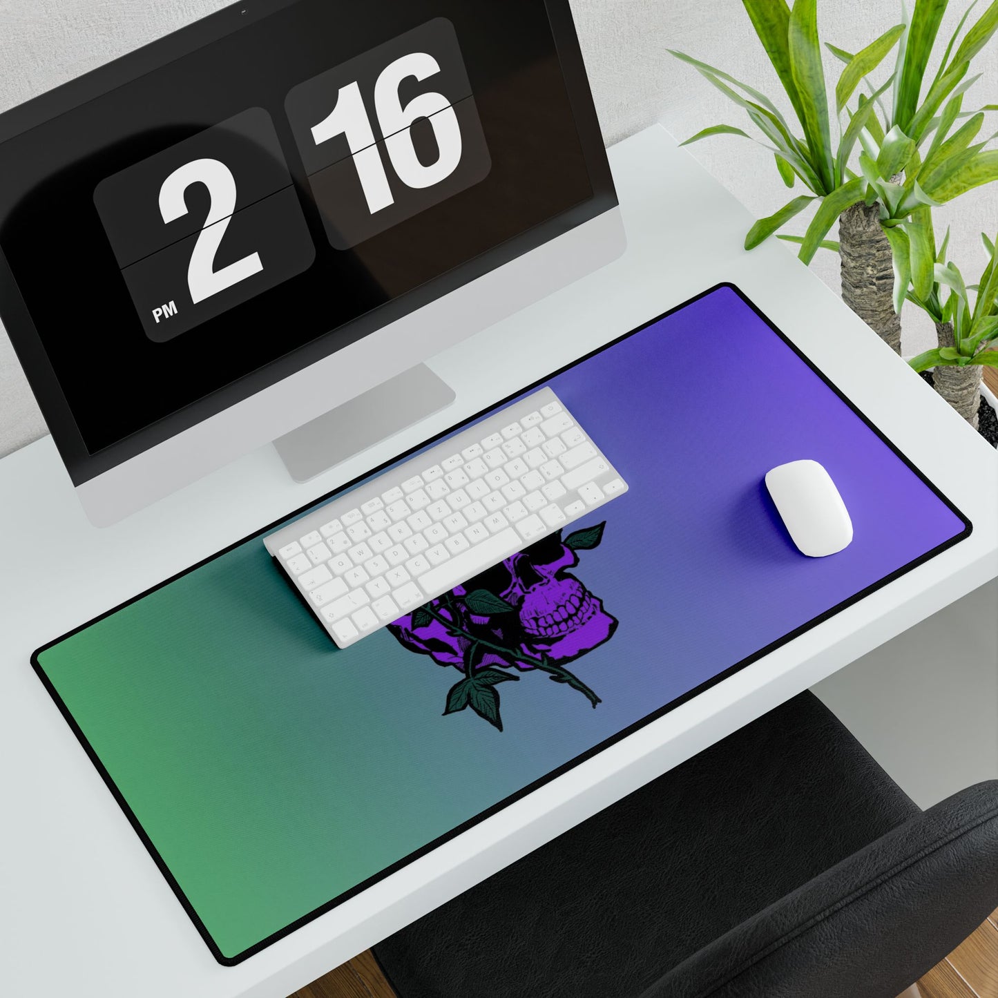 Skull & Roses Gradient Desk Mat — Purple Green Gaming/Work Mousepad and Card Playing Mat
