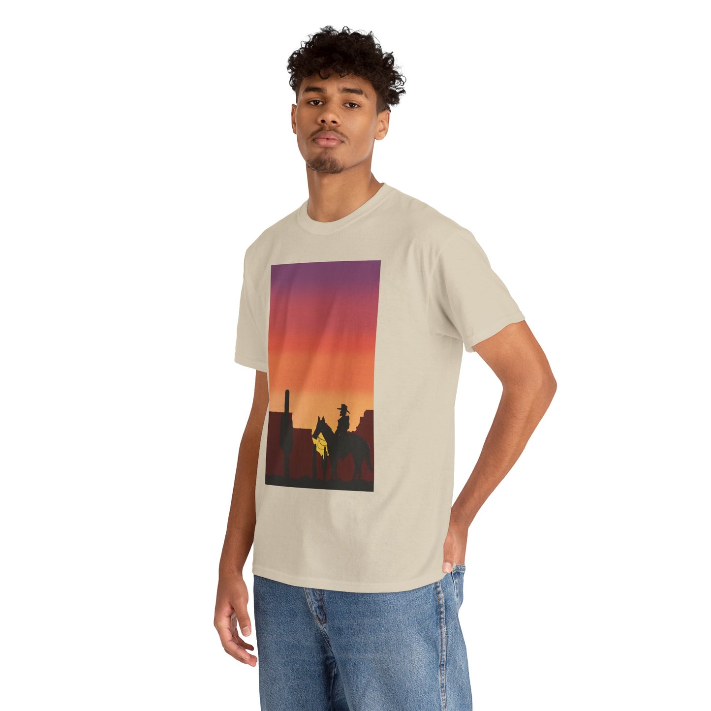Sunset Cowboy Unisex Heavy Cotton Tee - Western Graphic Tee for Nature Lovers
